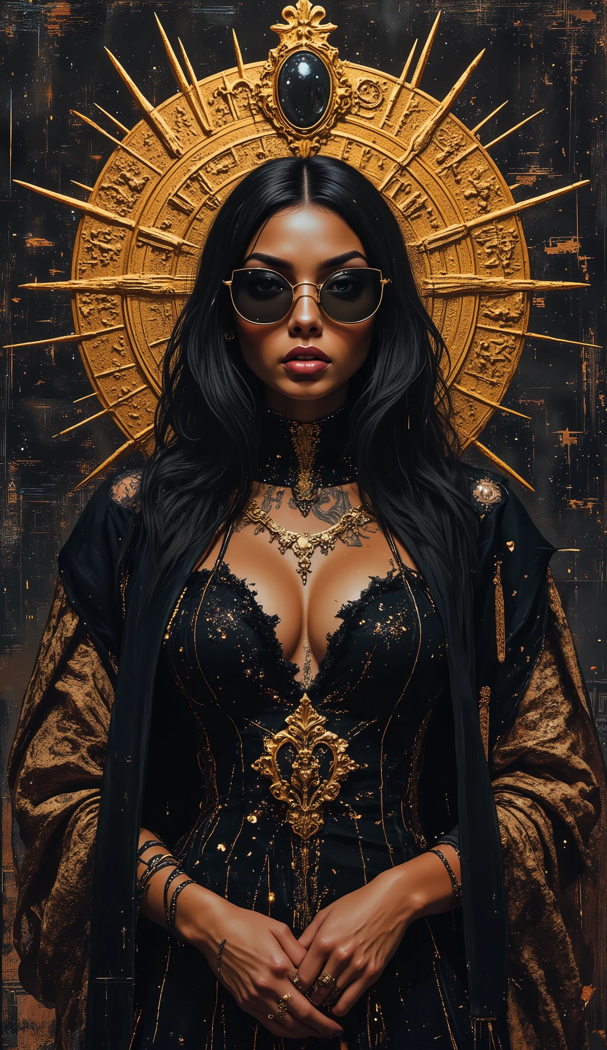 In the style of Neon glitch mosaic surrealism, we see a photo-realistic bizarre portrait of a beautiful, and Charismatic caucasian half black lady of mixed heritage bearing a large gap toothed infectious smile between dimpled cheeks, graceful yet an outcast, radiating an eldritch aura and mysterious supernatural power. Her deep light golden-brown caramel skin glows with lifelike detail. She stands in a wild avant garde black and gold dress with a skirt that ends at her thighs thats very low cut and nuanced, in a theatrical pose, eyeglasses of superb make that are in a golden and black frame, large round expressive dark eyes, gap-toothed beguiling smile, exuding otherworldly energy. Her form: petite upper body, medium 32C natural breasts, powerful larger arms, trim waist, dramatically wide hips, large round ass, robust long legs. Tattooed script of loved ones on arms and chest; unfinished bowtie tattoos on thick thighs. Around her, swirling tendrils of shadow and iridescent light evoke an ancient cosmic power, casting ethereal light and mysterious symbols. In the somber, moody background, crumbling ancient wonders and modern facades meld in cool tones, surreal textures, gothic opulence and bold dramatic lighting. Intricate, high-fashion details inspired by McQueen, Mugler, and Gaultier. She is enveloped in a haunting, melancholic glamour—chosen, enchanting, blending history, futurism, and eldritch magic in a cinematic ArtStation illustration.