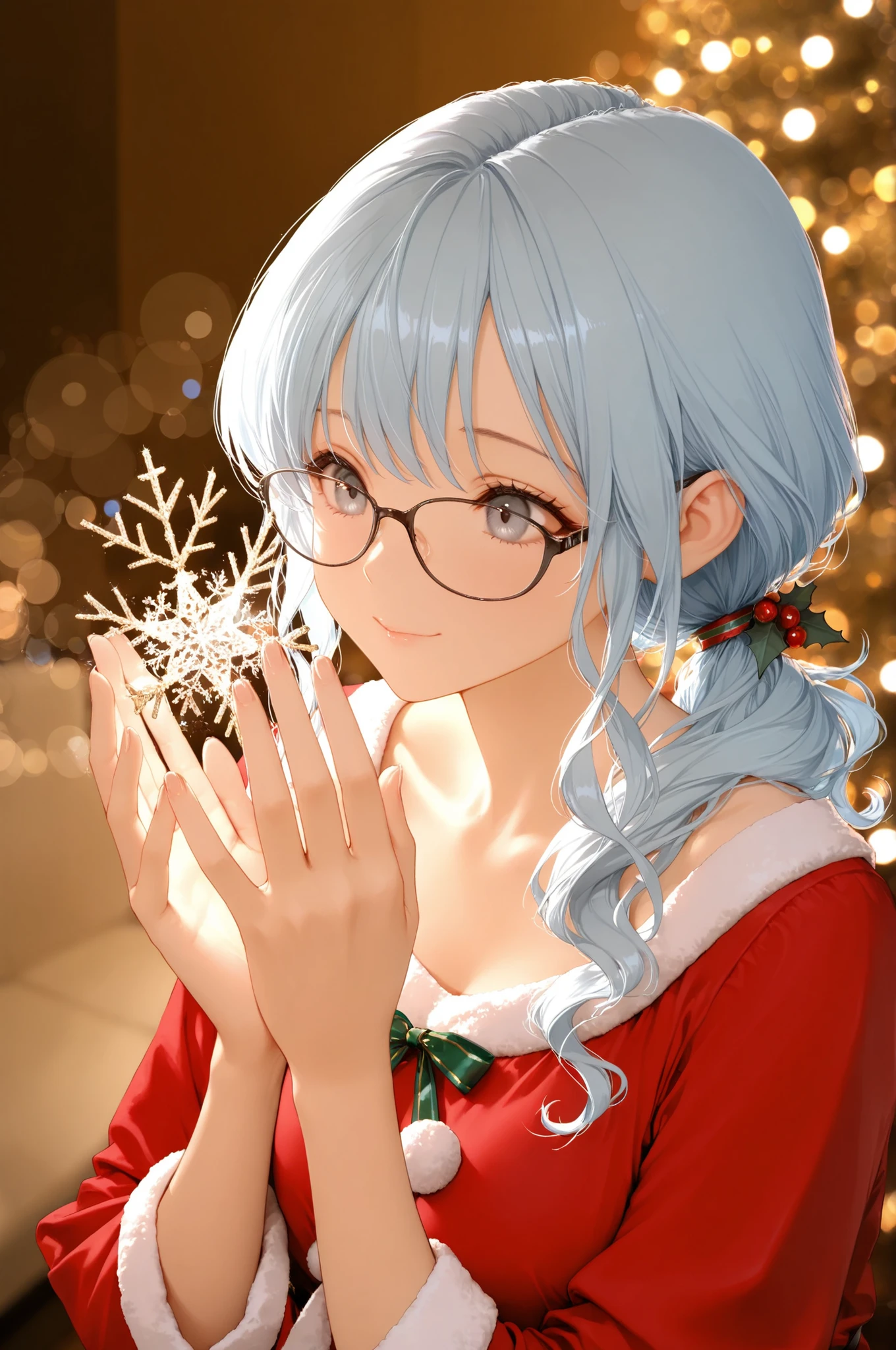 masterpiece, high quality, ultra-detailed, super high resolution, depth of field, absurdres, soft lighting,
1girl, solo, light blue hair, wavy hair, low ponytail hair, gray eyes, glasses, eye catching, beautiful, santa dress:delicate decorations, x-mas, christmas, cozy atmosphere, bokeh, good_hands
