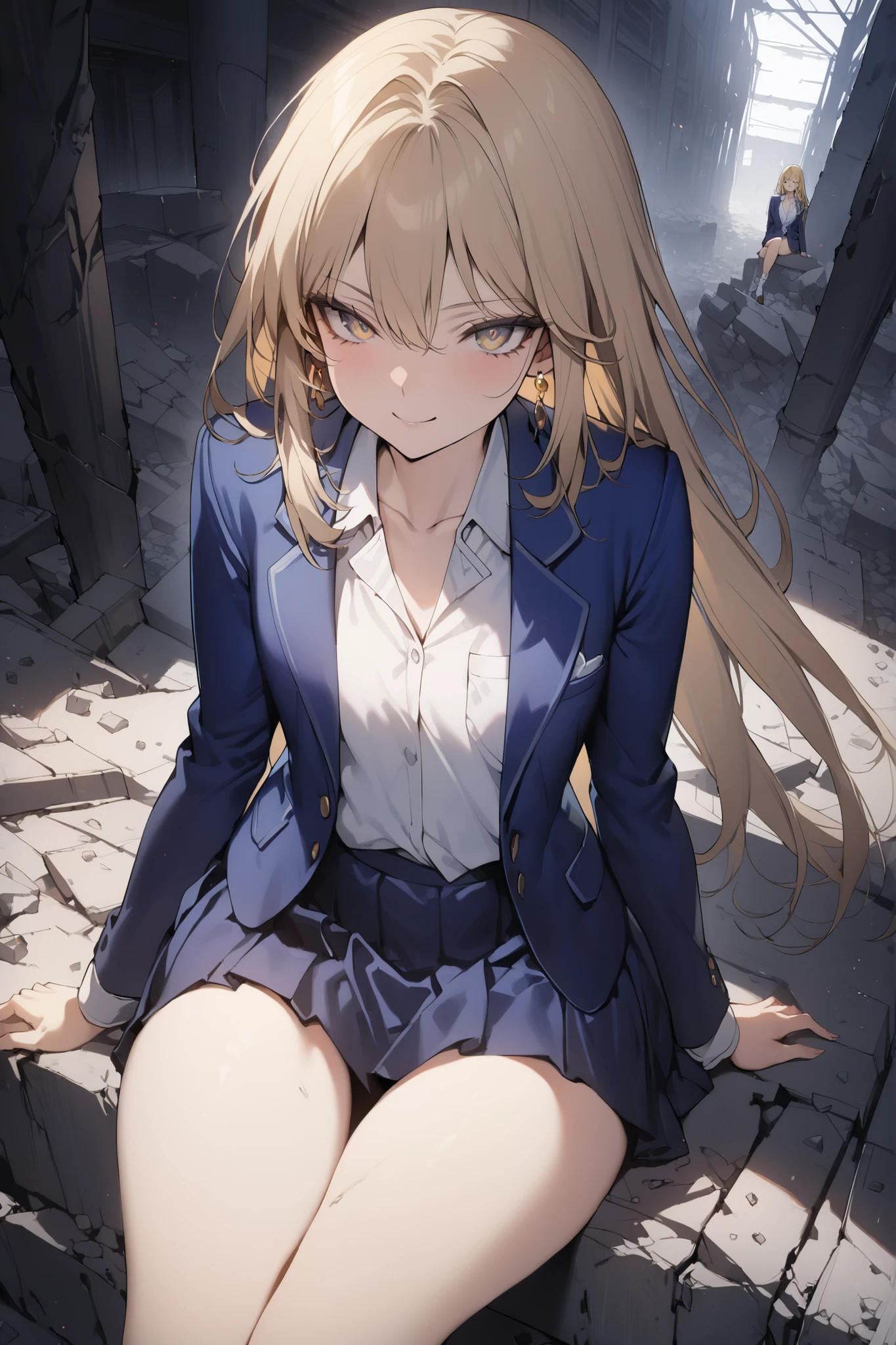 ((masterpiece,top quality:1.2)),(Super-resolution),(1gir),slender,((Female high school girl sitting on the rubble of a dim abandoned factory and staring at us)),Beautiful Skin,(((thin thighs))),(((Long Golden Hair))),perfect golden eyes, tree eyes ,Serious smile,(((navy blue blazer))),(((white blouse))),(((dark blue school skirt))),white loose socks,brown loafers,gold earrings,cowboy shot