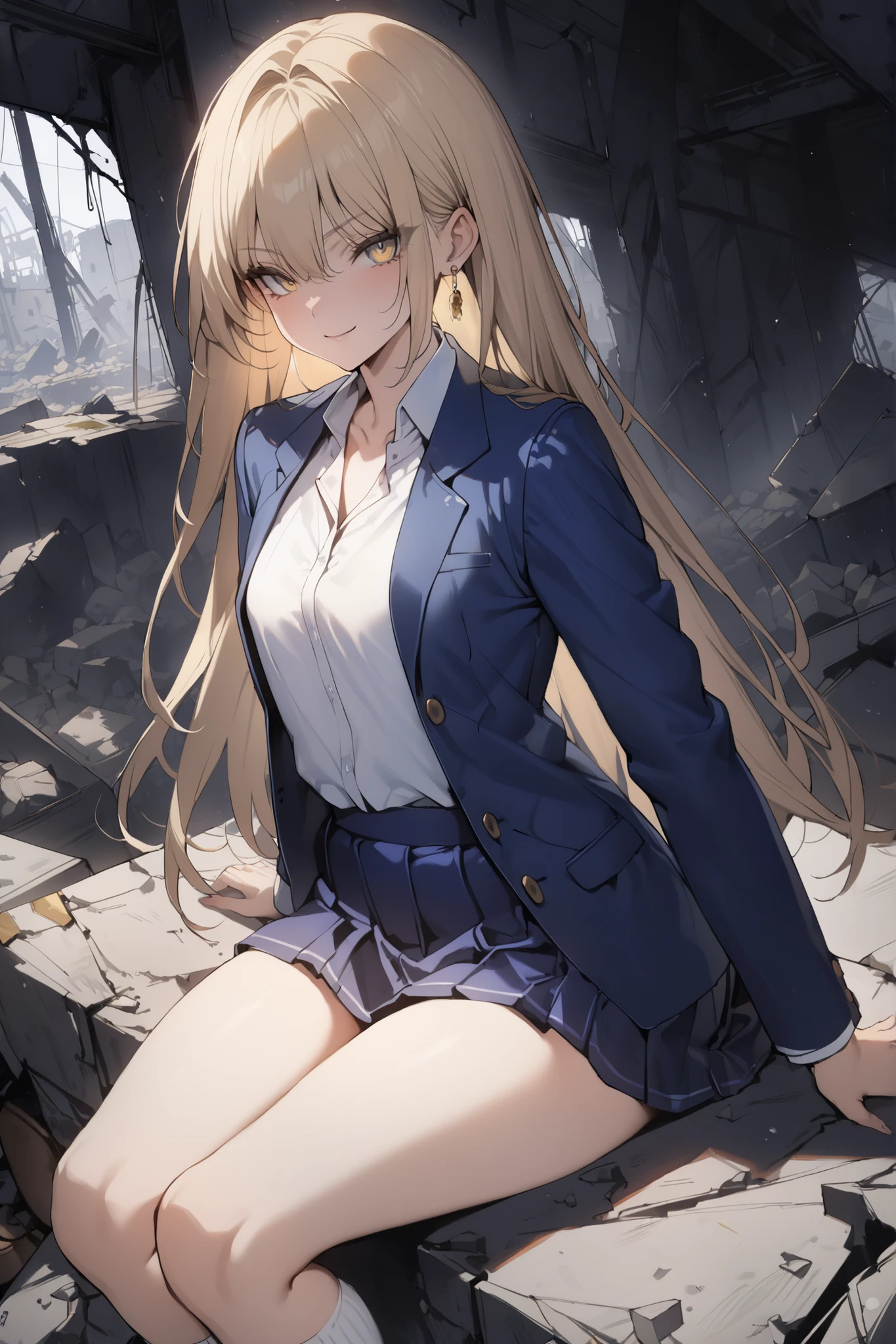 ((masterpiece,top quality:1.2)),(Super-resolution),(1gir),slender,((Female high school girl sitting on the rubble of a dim abandoned factory and staring at us)),Beautiful Skin,(((thin thighs))),(((Long Golden Hair))),perfect golden eyes, tree eyes ,Serious smile,(((navy blue blazer))),(((white blouse))),(((dark blue school skirt))),white loose socks,brown loafers,gold earrings,cowboy shot