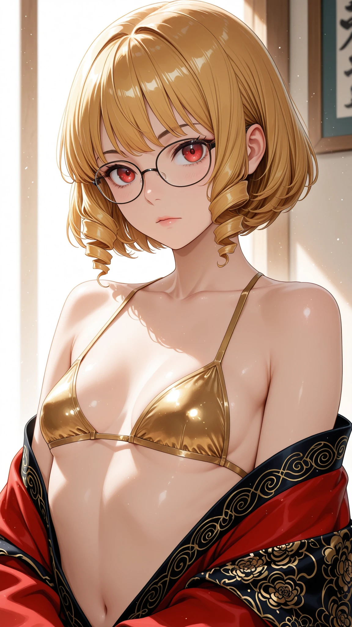 short hair, gold hair,Short Bob Hair, red eyes,Drill Hair, Glasses, very small breasts, High Resolution, correct, top quality, masterpiece, 1 girl, Qi Guotian