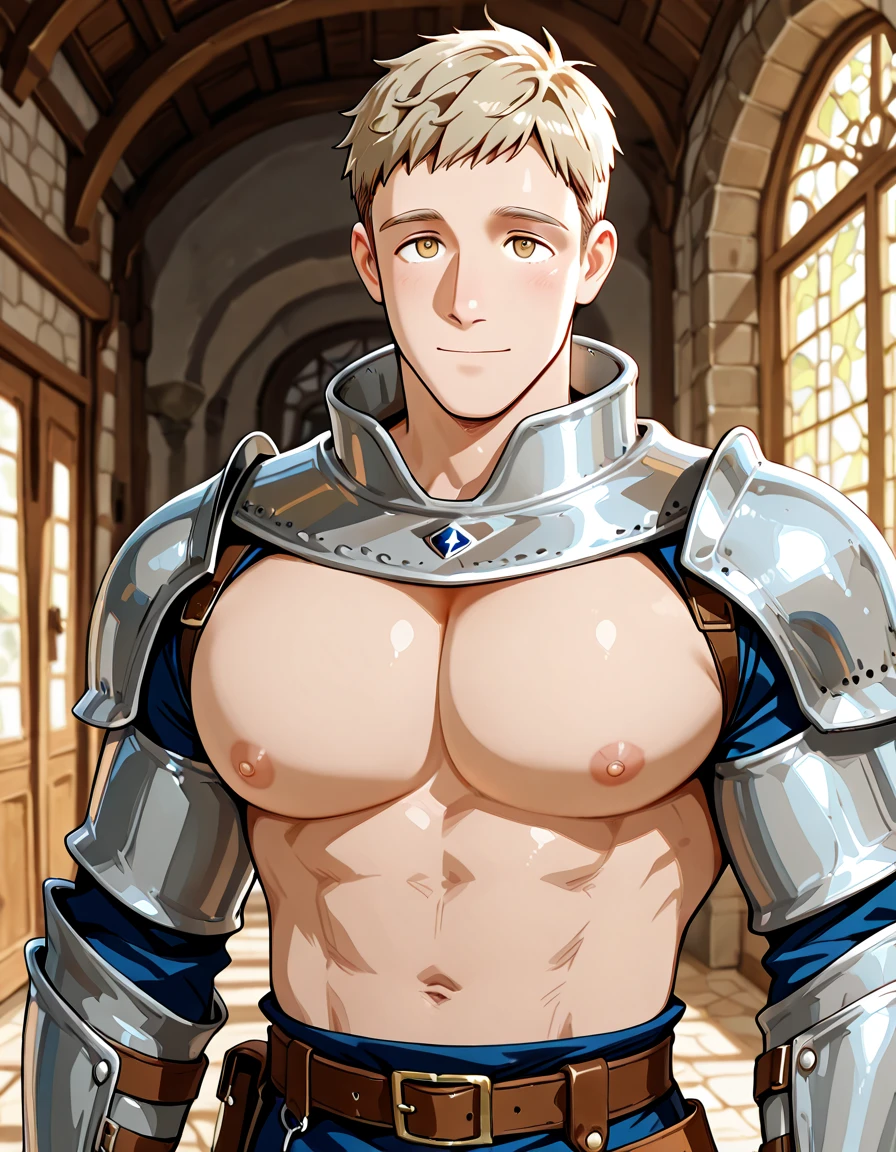 best quality, masterpiece, stocky man, (short blond hair), wearing damaged metal armor, no bottoms, hands chained to dirty dungeon wall,  another man's , , projectile , bukakke, , open mouth gasping for air, blushing, sexy, gay, homoerotic, extremely dramatic shadows, front view, , perfection, no watermark, no logo, no signature