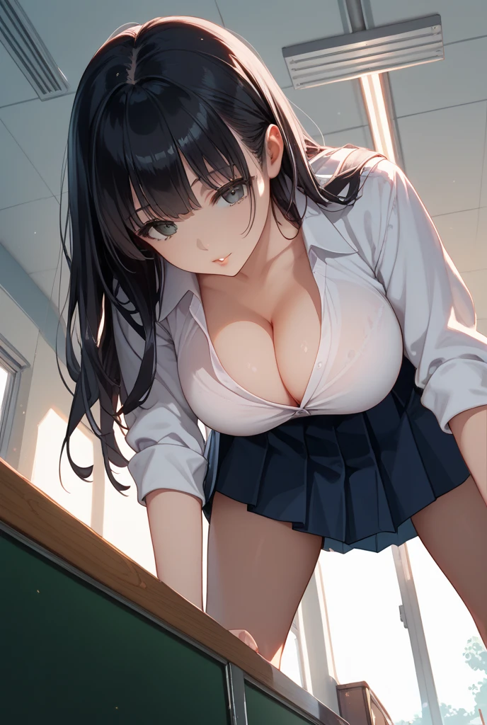 1girl, office, ((black office skirt)), shirt, (angry), ((hourglass figure)), black tights, (from below), looking at viewer, glasses, ((thick thighs)), ((huge breasts))