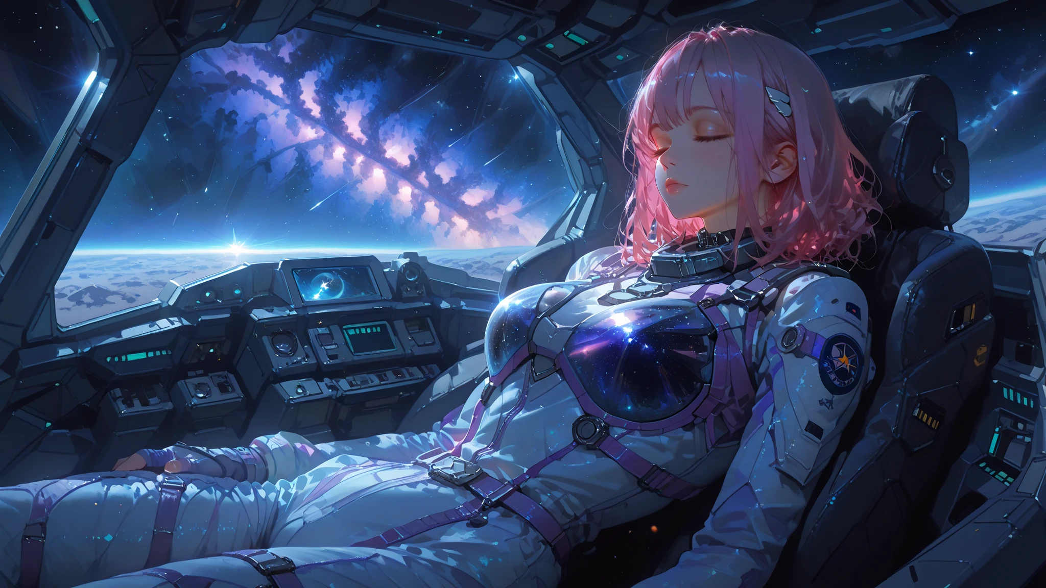 girl in a flight suit, Long pink hair, Starlight, drifting in zero gravity, spaceship cockpit, Tired sleeping figure, , leaning against a seat, face, calm and protected, sky, full of stars in the background, Milky Way , galaxy through glass, Starlight при тусклом освещении, feeling of serenity feeling the afterglow of a battle, fantastic color of space, blue and purple light, soft lighting, peaceful atmosphere, Starlight отражается в волосах девушки