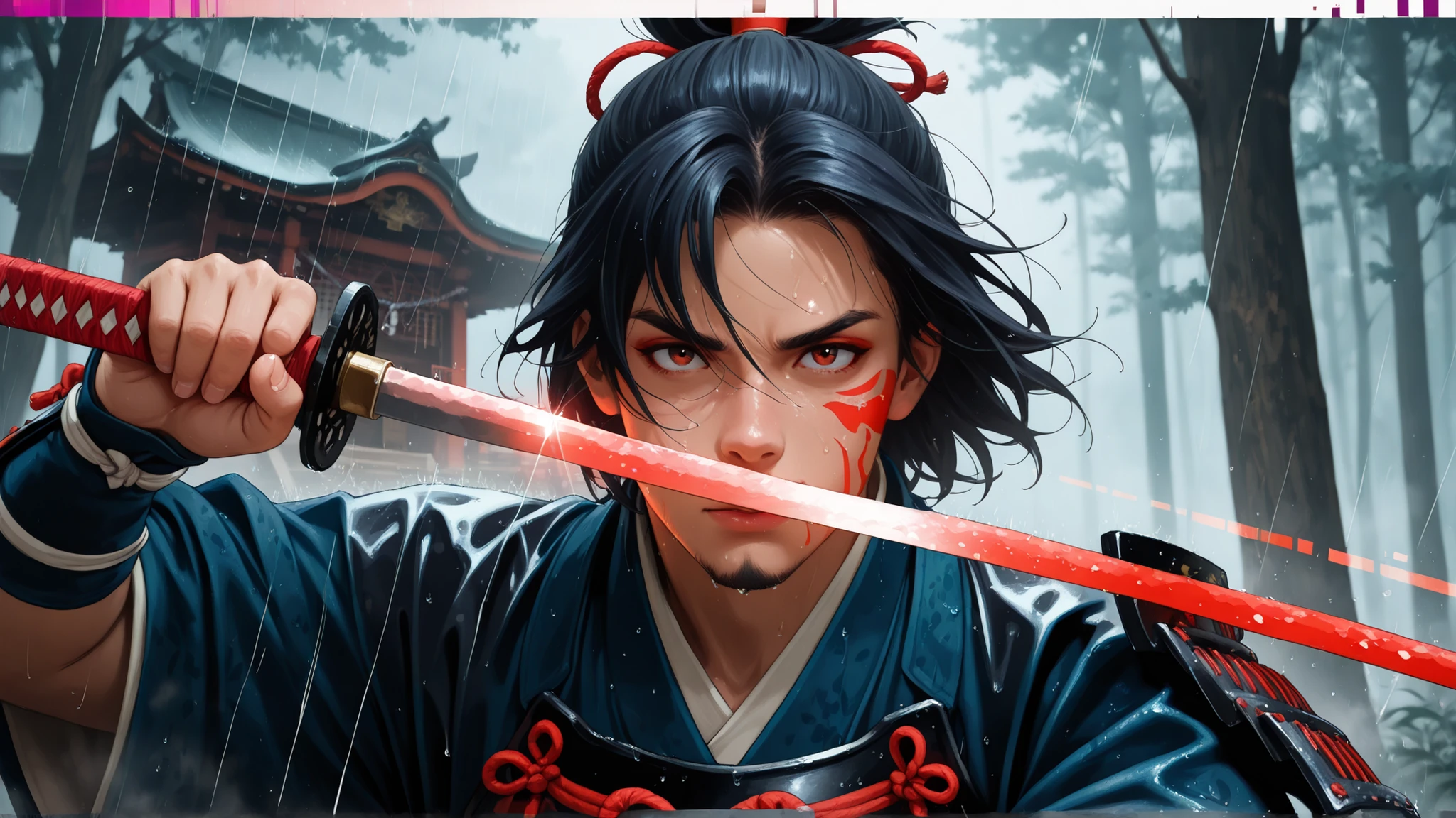 (2.5D illustration style:1.5), ultra high quality, detailed face, vibrant colors on costume
(Japanese male samurai:1.5), holding a katana in a dynamic pose, wearing intricate fantasy kimono armor, masterpiece, (close-up on face and sword:1.2), cinematic shot, medium shot, realistic fingers,
dark forest or ancient shrine, heavy rain, mist and fog, Japanese fantasy atmosphere, determination to die,
(red glitch effect:1.2),