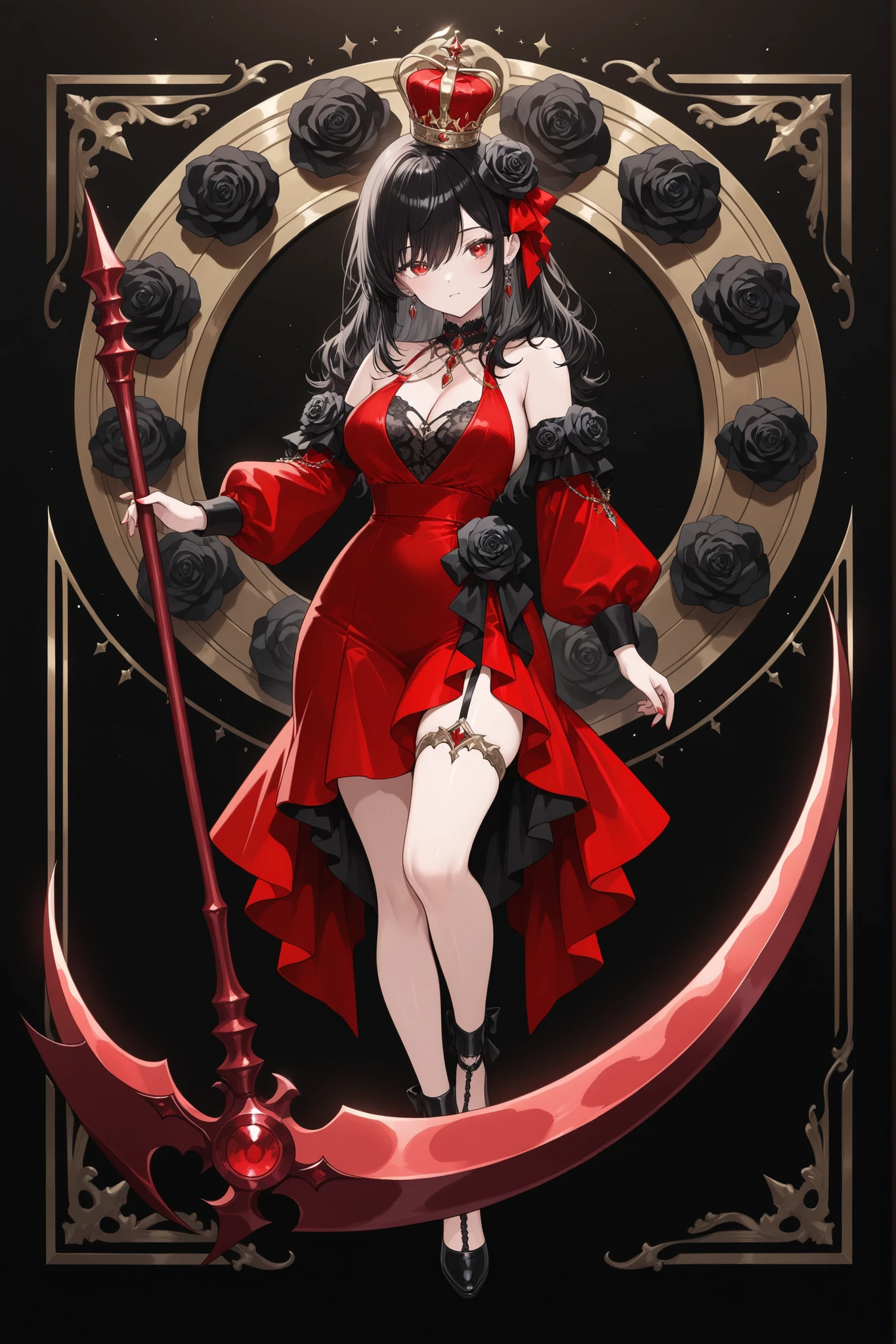 womanhood、Red Dress、red scythe、Queen、Black Rose、Full Body