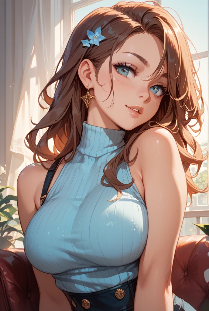 In the heart of the photograph, a stunningly beautiful girl graces our presence, her big breasts accentuating her womanly curves. With a cute, gently smiling face that radiates sex appeal, she embodies the very essence of a sex symbol. Dressed in a form-fitting outfit that highlights her slender figure, she exudes an irresistible allure. Striking a sexy pose, her confidence and radiance shine brighter than the spotlight. Captured in the highest resolution, every detail is meticulously rendered, from the slight waves in her golden brown hair to the intricate freckles sprinkled across her perfectly lit face. The play of light and shadow accentuates her