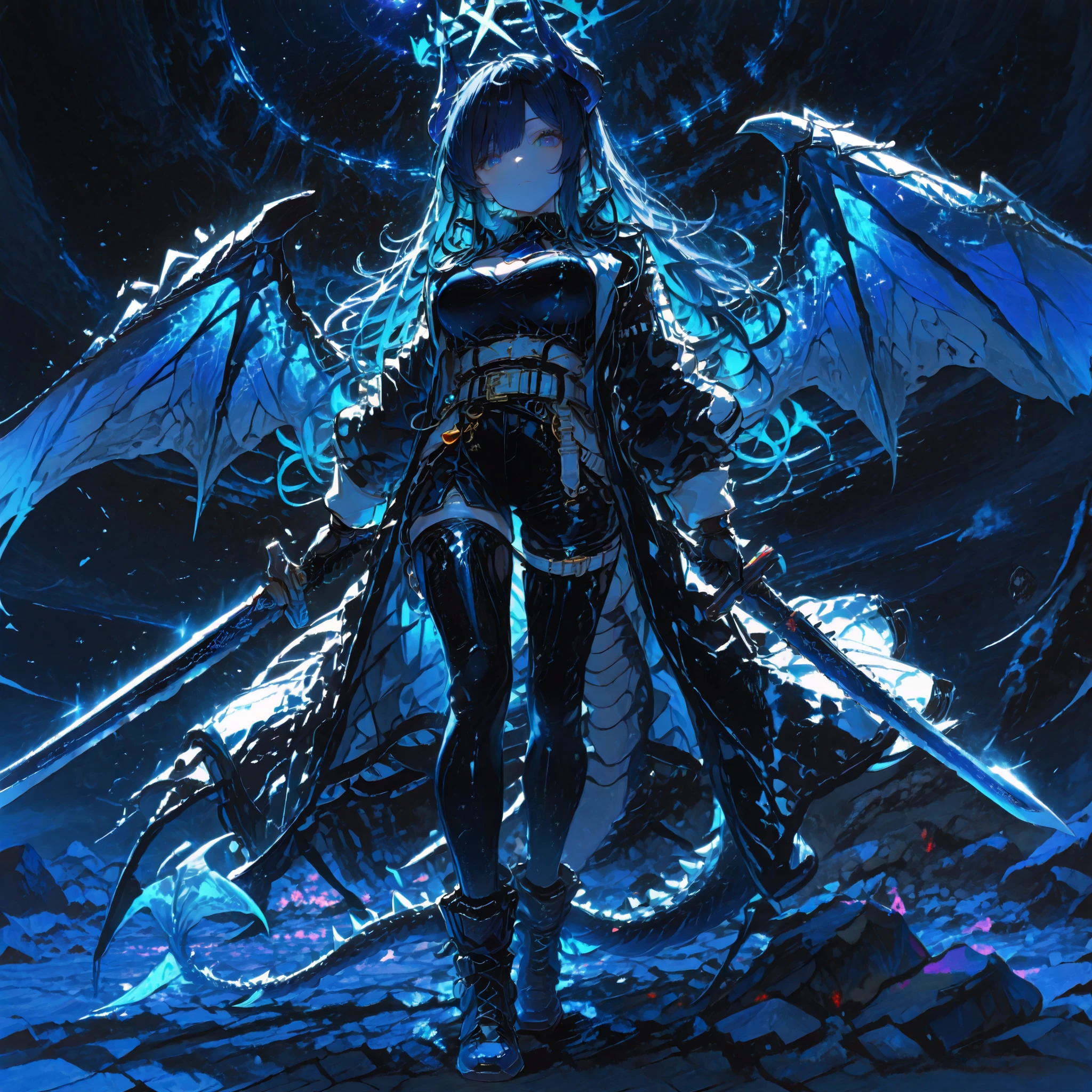 最high image quality、high image quality、Super-resolution,Monster Hunter Wild、 Rathalos guardian dragon、Hololive,Vtuber,Beautiful girl, vocaloid,Yozakura-san's Big Strategy,blue archive,zenless zone zero, Genshin,Collapsing Star Rail,Ship Korekushon,Jujutsu Kaisen,Demon Slayer,Chainsaw Man,tall（195 cm or more）、boob size is g cup or larger,Big Breasts,Blue Stripes、dark haired、Machine Dragon Horns（RIOREUS HORN AND ZOE SIA'S HORN）、black and blue colors、Machine Dragon Tail（Lioreus tail and shark tail）、black and blue colors、Machine Dragon Wings（RIOREUS WINGS AND ALSHVERD WINGS）、pale light runs on its head and wings、 long black and blue hair,hair extends to the ground,blue eyes and white eyes,Odd eyes,Ochai,BLACK BLUE AND PURPLE STAND（Jojo）,ABI ESHEF（blue archive）,Fully armed , Mechanical Armor,Heavy Armor,The main colors are black, purple, and blue,and wears a black rubber suit,blue and black tights,Black and Blue and White Boots,machine black and blue mask,black and blue neck warmer, black and blue coat ,black gloves,Black and blue boots,背中に4本の刀TWO SWORDS ON A BAND,2 swords on the belt,TWO SWORDS ON A BAND,Main color is black and gray,Bangs up to below the eyes, ,background is black night sky,Moon,On the rock,is standing,standing picture in meadow,I hate you,is staring at me,