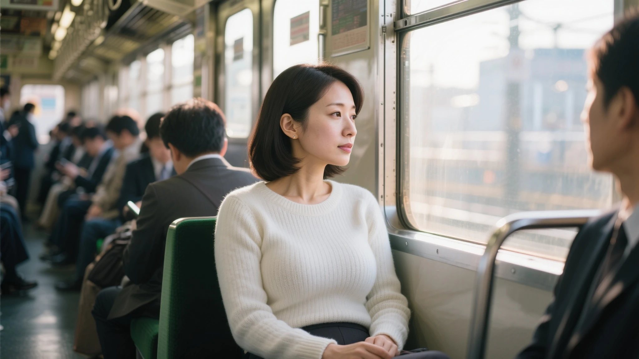 masterpiece, highest quality, Japanese girl sitting on a subway train, innocent, subway car doors, from below