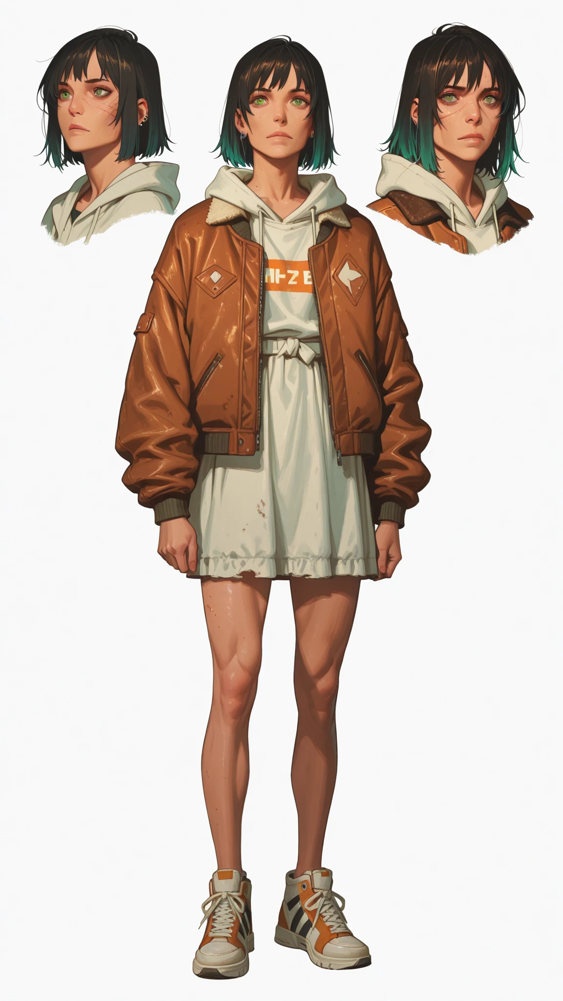 Serious little girl，Raise your arms over your chest，aged 13，Flat-chested，Ponytail braid，black color hair，Beige clothes，Full body image design，IP design，Pure white background，Heads-up view，Denim pants