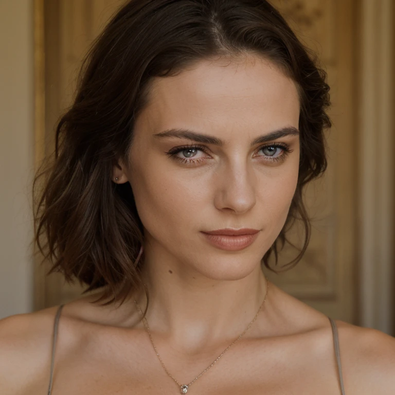 1girl in, 30 years old, Square face, Long hair, Looking at viewer, jewelry, Realistic, Sexy, princess outfit, castle background, free pose