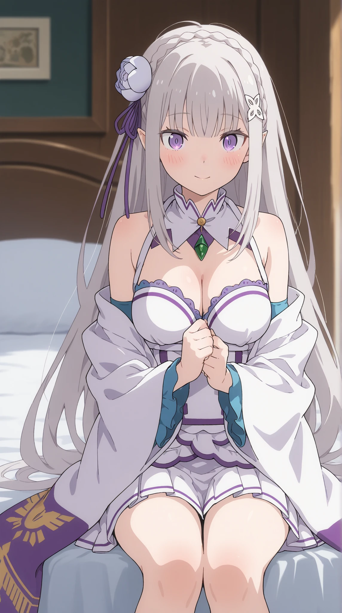 score_9, score_8_up, score_7_up, source_anime,
BREAK
1girl, solo, 
<lora:shiEmiliaV2:1> shimilia, long hair, grey hair, purple eyes, pointy ears, crown braid, hair flower, hair ribbon, purple ribbon, x hair ornament, white dress, cleavage, bare shoulders, wide sleeves, white thighhighs, thigh boots, 
<lora:shiFisheyeV1:1>, shifisheyedoor, fishdoorpov, fisheye,
looking at viewer, blush,