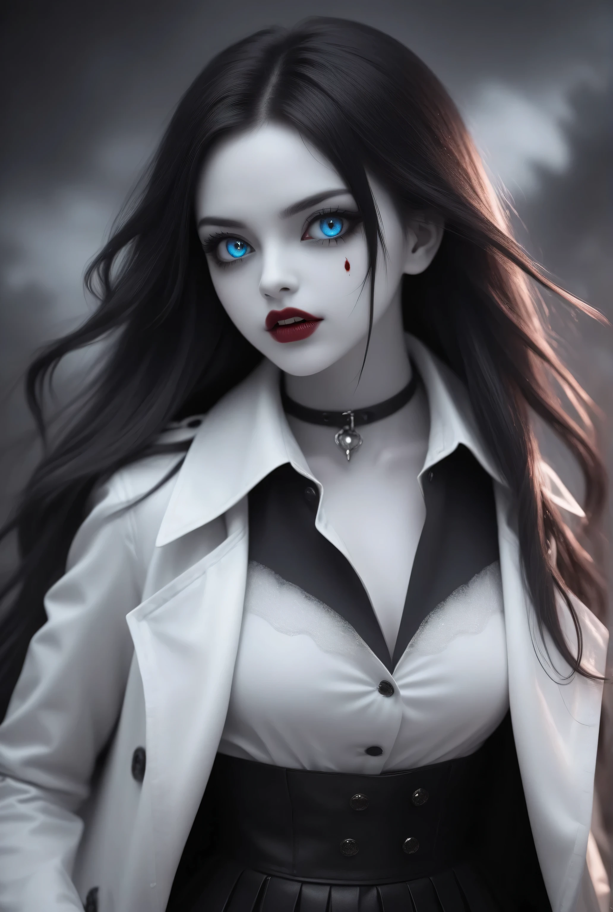 Vampire fangs teeth,Fantasy Elements,iridescent aesthetic,masterpiece, best quality, very aesthetic, absurdres,,goth black and white anime art, (black and white art) mostly black and white, a picture of  olo beautiful female vampire, best detailed face, black hair, long hair hair, blue eyes, wearing trench coat, wearing a skirt, wearing white leather shirt, small cleavage (red blood stains), it is cloudy night (only colors are the blood and the eyes), 