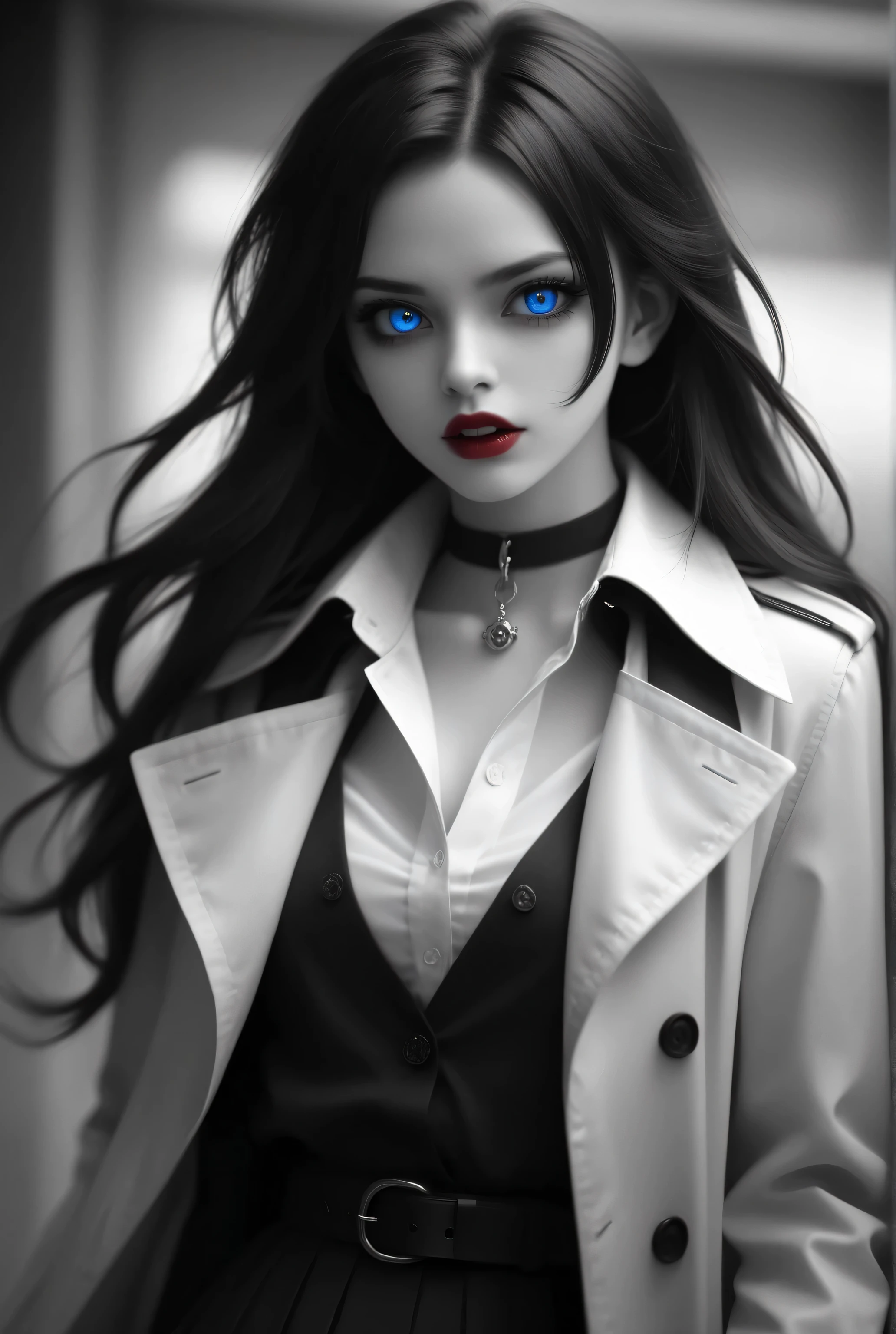 Vampire fangs teeth,Fantasy Elements,iridescent aesthetic,masterpiece, best quality, very aesthetic, absurdres,,goth black and white anime art, (black and white art) mostly black and white, a picture of  olo beautiful female vampire, best detailed face, black hair, long hair hair, blue eyes, wearing trench coat, wearing a skirt, wearing white leather shirt, small cleavage (red blood stains), it is cloudy night (only colors are the blood and the eyes), 