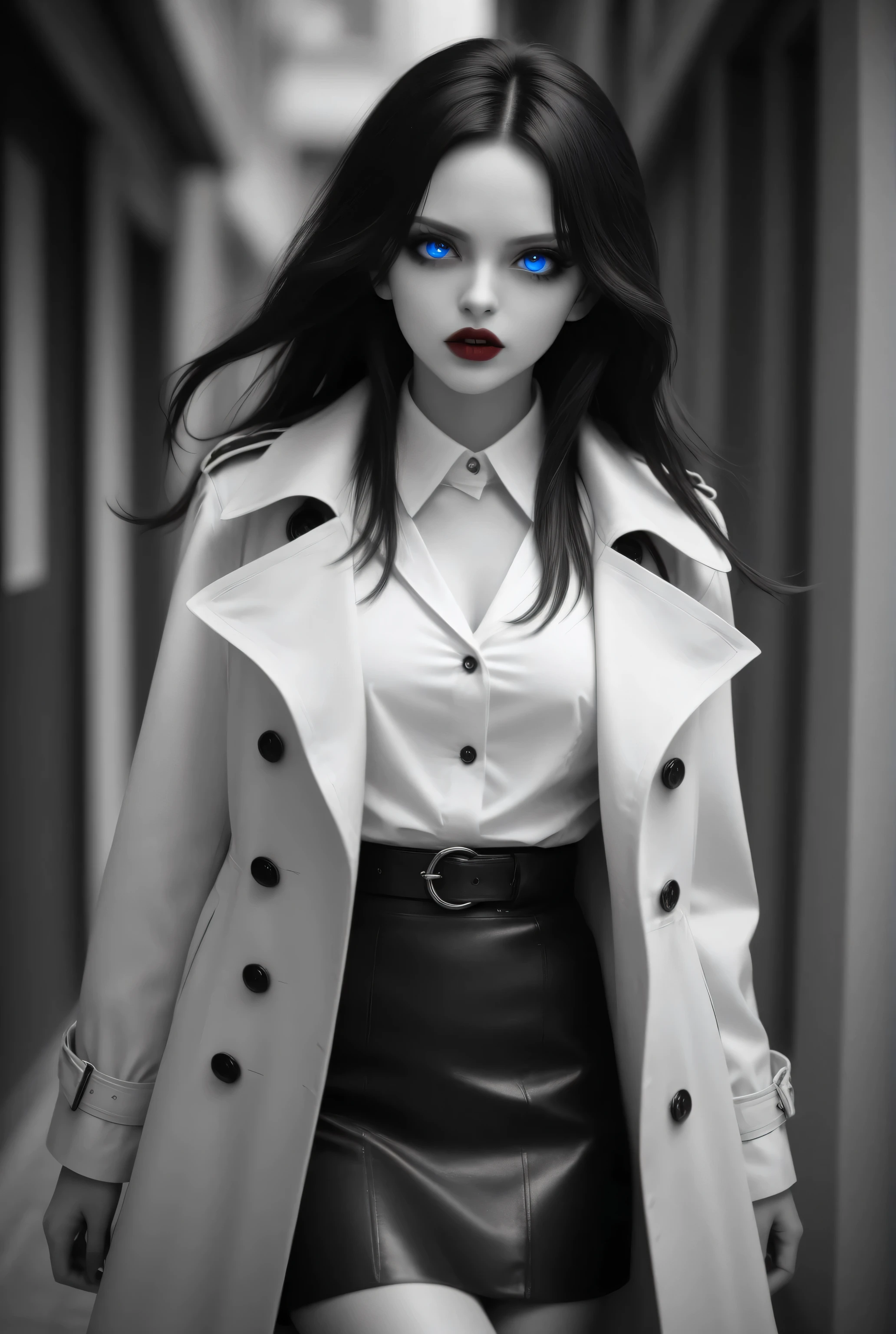 Vampire fangs teeth,Fantasy Elements,iridescent aesthetic,masterpiece, best quality, very aesthetic, absurdres,,goth black and white anime art, (black and white art) mostly black and white, a picture of  olo beautiful female vampire, best detailed face, black hair, long hair hair, blue eyes, wearing trench coat, wearing a skirt, wearing white leather shirt, small cleavage (red blood stains), it is cloudy night (only colors are the blood and the eyes), 