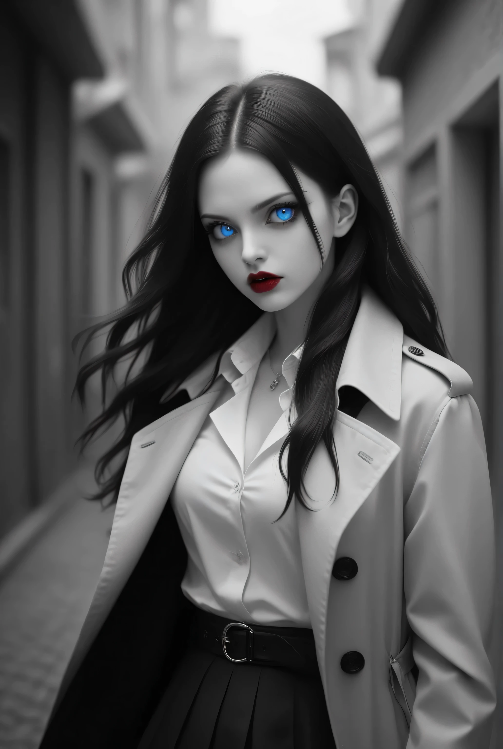 Vampire fangs teeth,Fantasy Elements,iridescent aesthetic,masterpiece, best quality, very aesthetic, absurdres,,goth black and white anime art, (black and white art) mostly black and white, a picture of  olo beautiful female vampire, best detailed face, black hair, long hair hair, blue eyes, wearing trench coat, wearing a skirt, wearing white leather shirt, small cleavage (red blood stains), it is cloudy night (only colors are the blood and the eyes), 