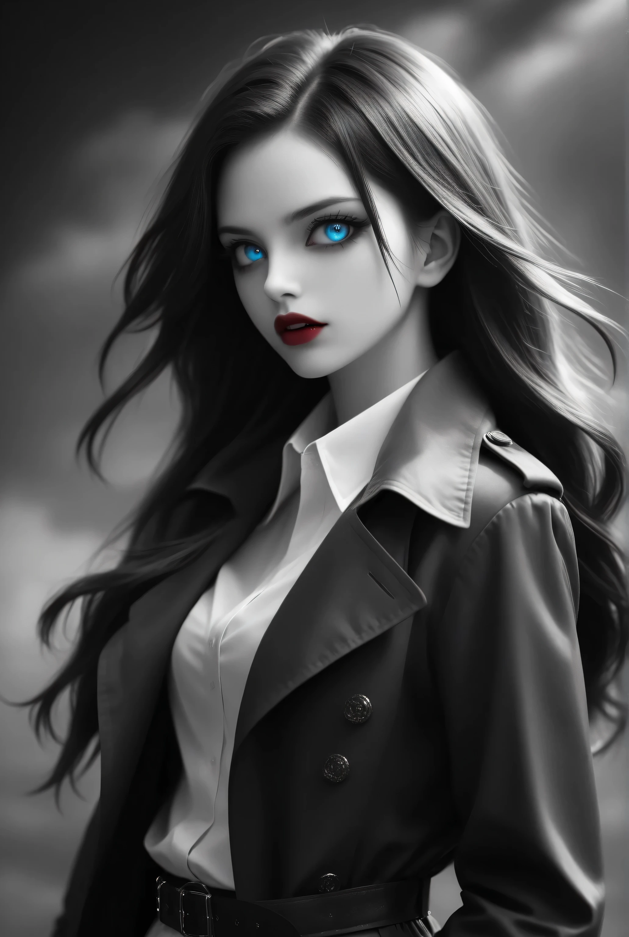Vampire fangs teeth,Fantasy Elements,iridescent aesthetic,masterpiece, best quality, very aesthetic, absurdres,,goth black and white anime art, (black and white art) mostly black and white, a picture of  olo beautiful female vampire, best detailed face, black hair, long hair hair, blue eyes, wearing trench coat, wearing a skirt, wearing white leather shirt, small cleavage (red blood stains), it is cloudy night (only colors are the blood and the eyes), 