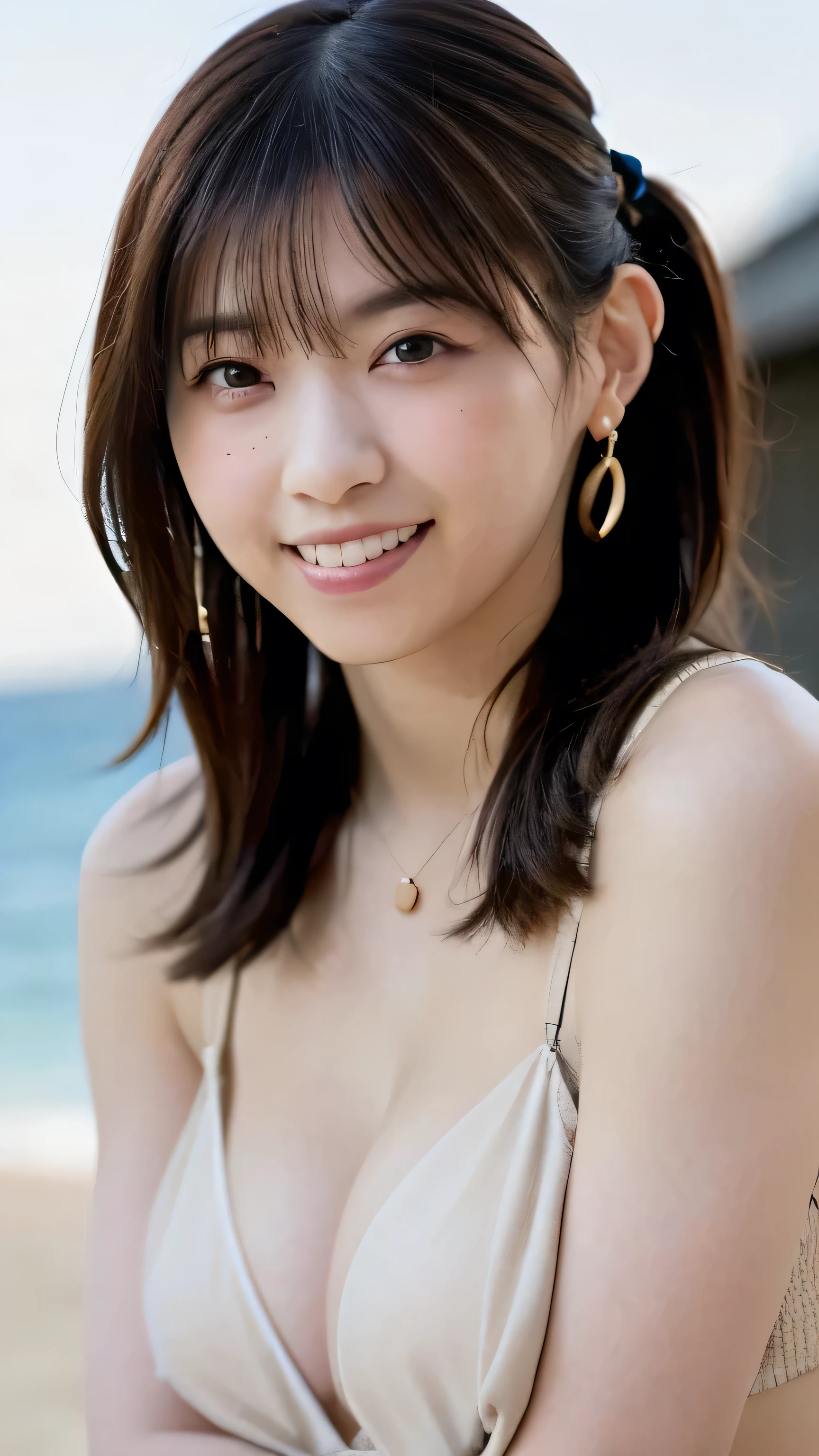 High resolution,
One beautiful young woman,
(soft saturation: 1.3), (fair skin: 1.2),
(ultra-detailed background, detailed background), bokeh,
Portrait of smiling girl breaking. When viewed from the front, the composition is symmetrical.
Look straight at you with serious eyes and break
yellow swimsuit, yellow , middle ,
outdoor, sea surface, sky, sunshine, summer beach, sand,
strong light, front light,
(Teenager: 1.3), (Cowboy Shot: 1.2), Break
angle from the front,
Look at the viewer,
Dynamic Pose,
Sitting on the beach

Wakame, wakame, wakame, wakame, wakame, wakame, wakame,From the waist to the upper body、smile、smile、、((No makeup))、(Realistic、Photorealistic、Ultra-detailed、Best detailed skin、Highest quality、masterpiece、超A high resolution)、cute日本の女性、16 years old、High school girl、Young girl、1 girl、bangsがある、double eyelid、Drooling eyes、Big black eyes、attractive、purity、cutesmile、なsmile、Watch it here、Realistic肌タイプ、Fluffy hair、Red cheeks、The wind is blowing、illumination、The light is coming from behind、Medium Bob Cut、smile、smile、Eye Focus、SONY Camera、
cute, ultra-Detailed , figure, Complex, Detailed , extremely Detailed , Detailed  face, Soft Light, Soft Light, Soft Focus , Perfect Face, beautiful, Accurate , Exposure, 8K, 4K, (High resolution: 1.1), Highest quality, (Mastepiece: 1.3), 1 girl, alone, jewelry, Brown eyes , Watching the audience, Earrings, Gray Hair, bangs, Closed Mouth, Portrait photography, Watching, hair ornaments, Simple background, Gray background, Long Hair, Headrest, New Lips, hair braids, Ponytail hairstyle、smile、smile、Whole body shot、From the waist to the upper body