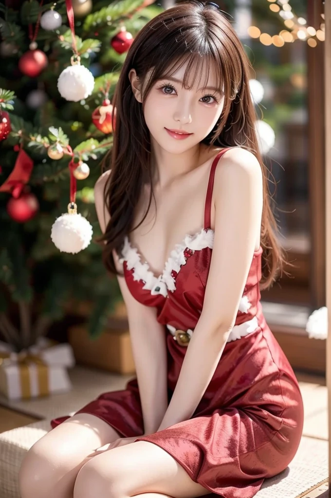 White  blouse,Face Interview, (写真realisitic:1.4), (hyper realisitic:1.4), (realisitic:1.3), (Smooth lighting:1.05), (Improve video lighting quality:0.9), 1womanl, (An 18-year-old woman:1.2), Realistic lighting, Back lighting,  light, raytrace, (cheerfulness:1.2), (Improved image quality:1.4), (最高級のrealisiticテクスチャードスキニーアイ, a small face, Red cheeks, skinny body, medium-breasted pointed jaws,,,,,,,,,,,,,,,,,,, Japan idol , Nogizaka Idol, glowy skin, hposing Gravure Idol, P, Blunt bangs, light brown hair, hair behind ear, hair over shoulder, Long hair,Tear bag，Christmas、(Santa Cos:1.3)、full body Esbian、sexypose、great joy、kawaii、