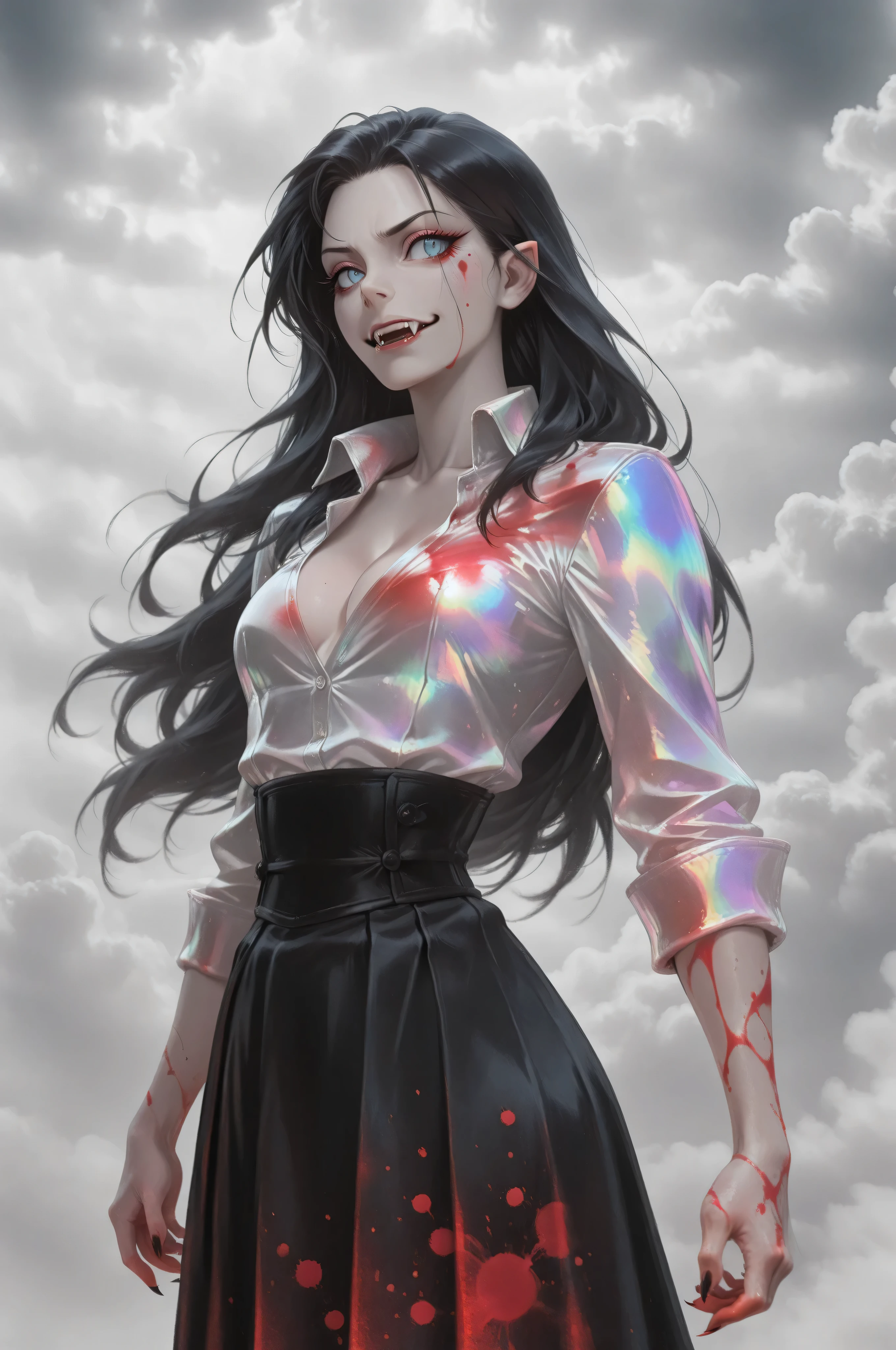 Vampire fangs teeth,Fantasy Elements,iridescent aesthetic,masterpiece, best quality, very aesthetic, absurdres,,goth black and white anime art, (black and white art) mostly black and white, a picture of olo beautiful female vampire, best detailed face, black hair, long hair hair, blue eyes, wearing trench coat, wearing a skirt, wearing white leather shirt, small cleavage (red blood stains), it is cloudy night (only colors are the blood and the eyes),