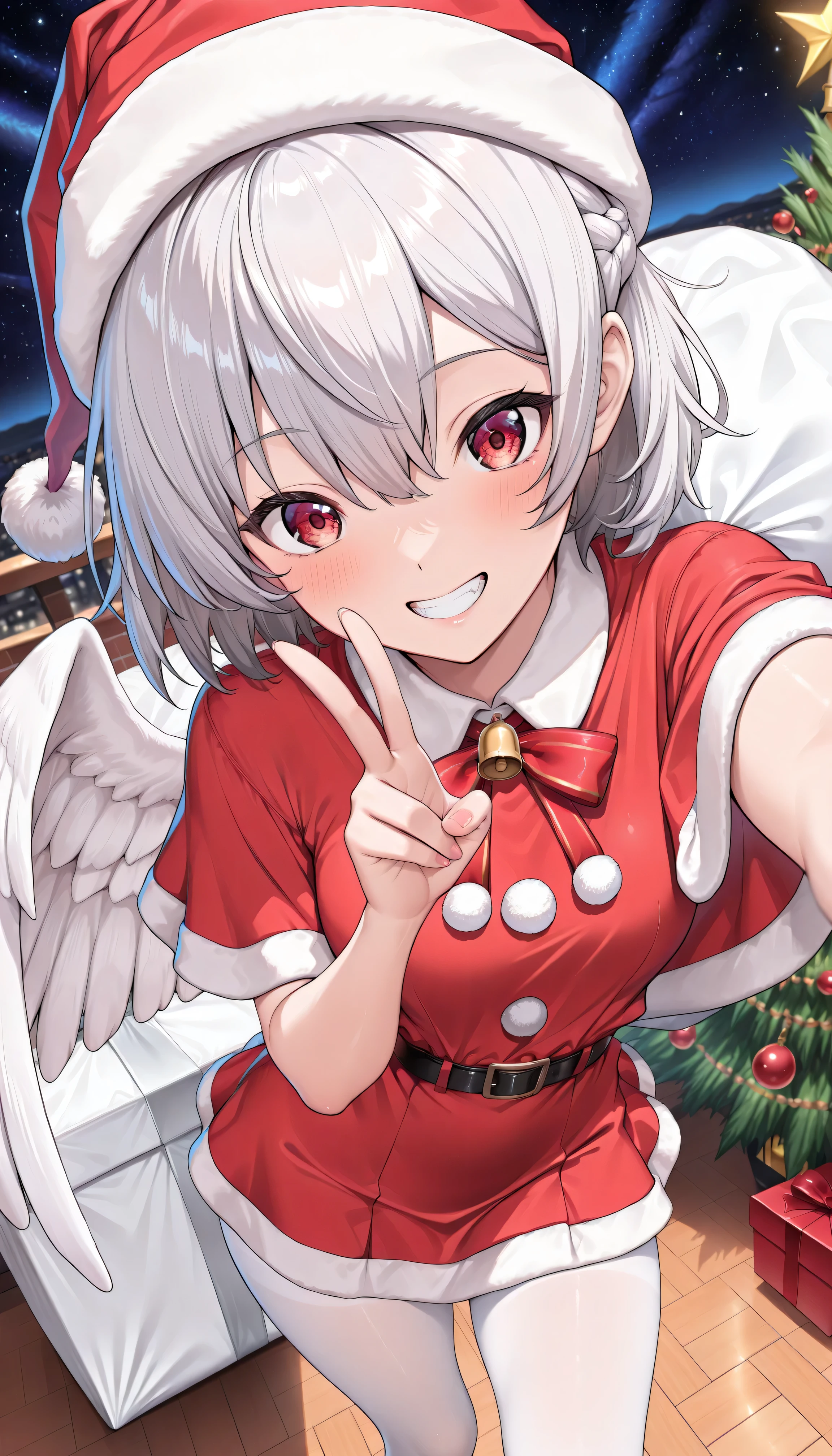 masterpiece, 以from above最高Quality, 8K Wallpaper, hires, Exact Details), (simple background, dynamic angle, Kijin Sakume, 1girl, solo, red eyes, gray hair, short hair, French braids, single wing,Oriental Project, ( Santa Outfits,Santa Hat,Santa Dress,Santa Mini Skirt, (:1.2) thighs, white tights, very detailed) Quality(masterpiece、最高Quality、High Resolution、 Beautiful face in every detail 、anatomically correct、Detailed description)、christmas tree, contrapost, sunshine, Inner thighs, v,Dutch Angle, foreshortening, Sky side, from above, PORTRAIT, closeup, night, vignette, soft focus, backlight, Film Grain, Dramatic Shadow between Her Teeth Hair and Her Eyes, depth of field, Volume Lighting、space-time is slightly distorted、Looking down at the viewer from、
Starry Sky Behind Her 。
