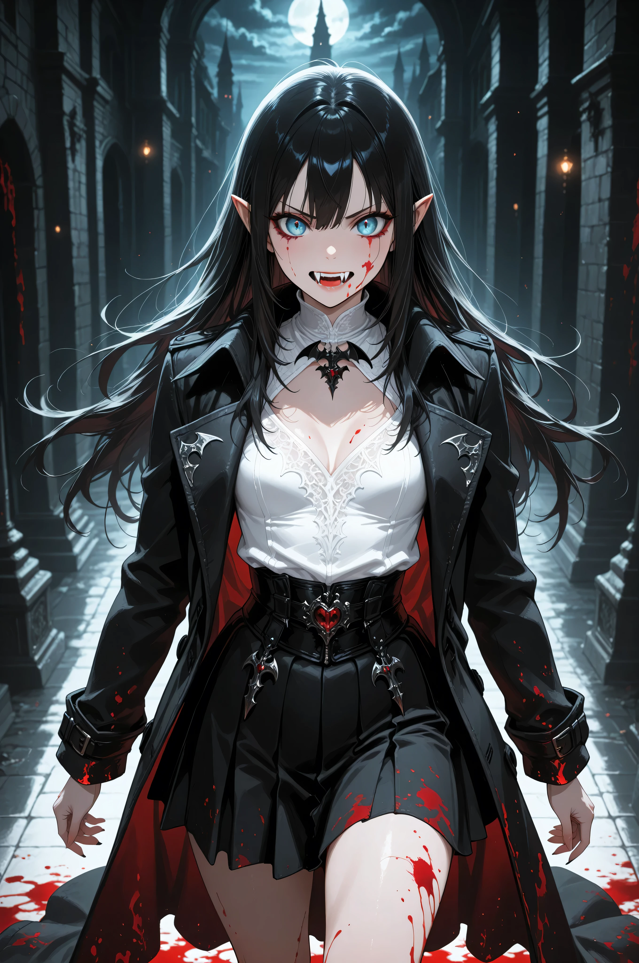 Vampire fangs teeth,Fantasy Elements ,masterpiece, best quality, very aesthetic, absurdres,,goth black and white anime art, (black and white art) mostly black and white, a picture of olo beautiful female vampire, best detailed face, black hair, long hair hair, blue eyes, wearing trench coat, wearing a skirt, wearing white leather shirt, small cleavage (red blood stains), it is cloudy night (only colors are the blood and the eyes),