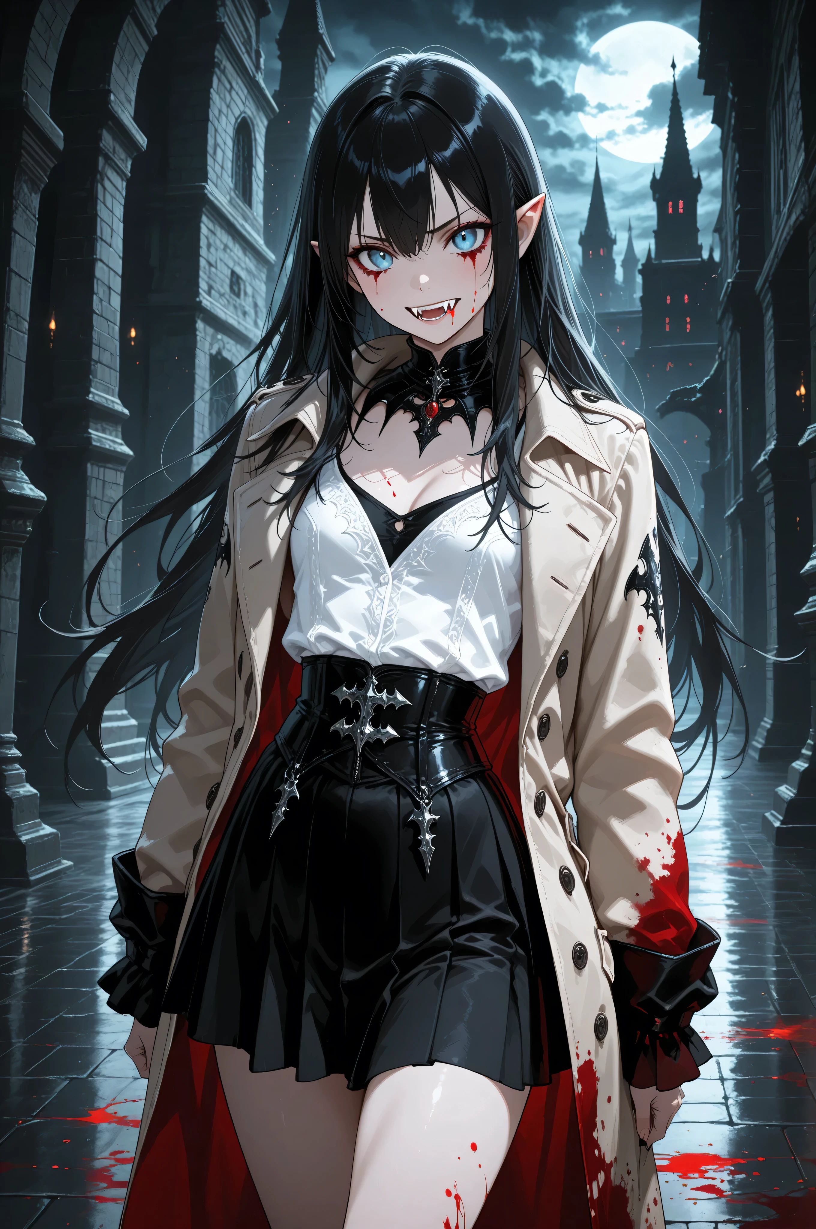 Vampire fangs teeth,Fantasy Elements ,masterpiece, best quality, very aesthetic, absurdres,,goth black and white anime art, (black and white art) mostly black and white, a picture of olo beautiful female vampire, best detailed face, black hair, long hair hair, blue eyes, wearing trench coat, wearing a skirt, wearing white leather shirt, small cleavage (red blood stains), it is cloudy night (only colors are the blood and the eyes),