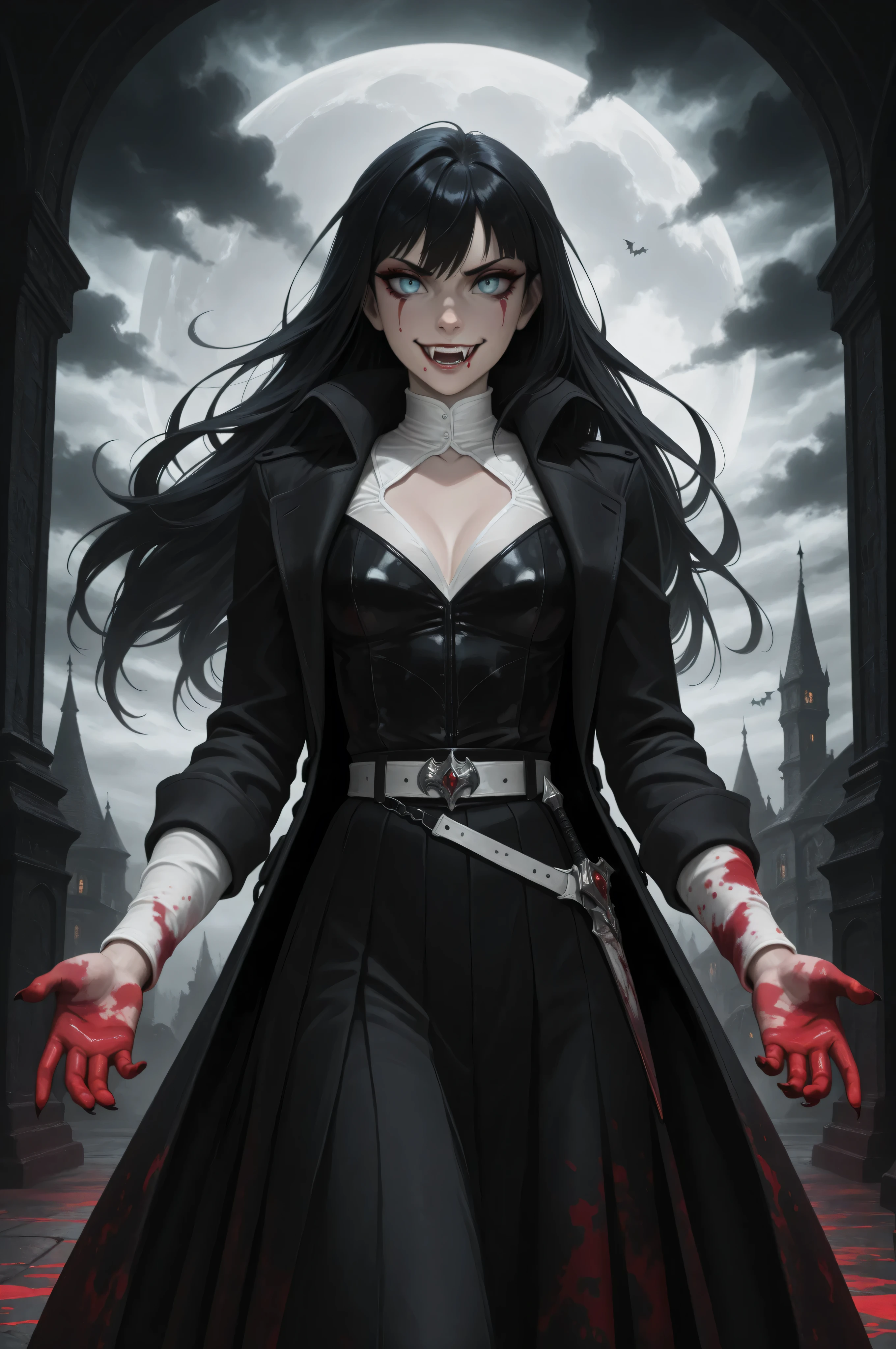 Vampire fangs teeth,Fantasy Elements, masterpiece, best quality, very aesthetic, absurdres,,goth black and white anime art, (black and white art) mostly black and white, a picture of  olo beautiful female vampire, best detailed face, black hair, long hair hair, blue eyes, wearing trench coat, wearing a skirt, wearing white leather shirt, small cleavage (red blood stains), it is cloudy night (only colors are the blood and the eyes), 