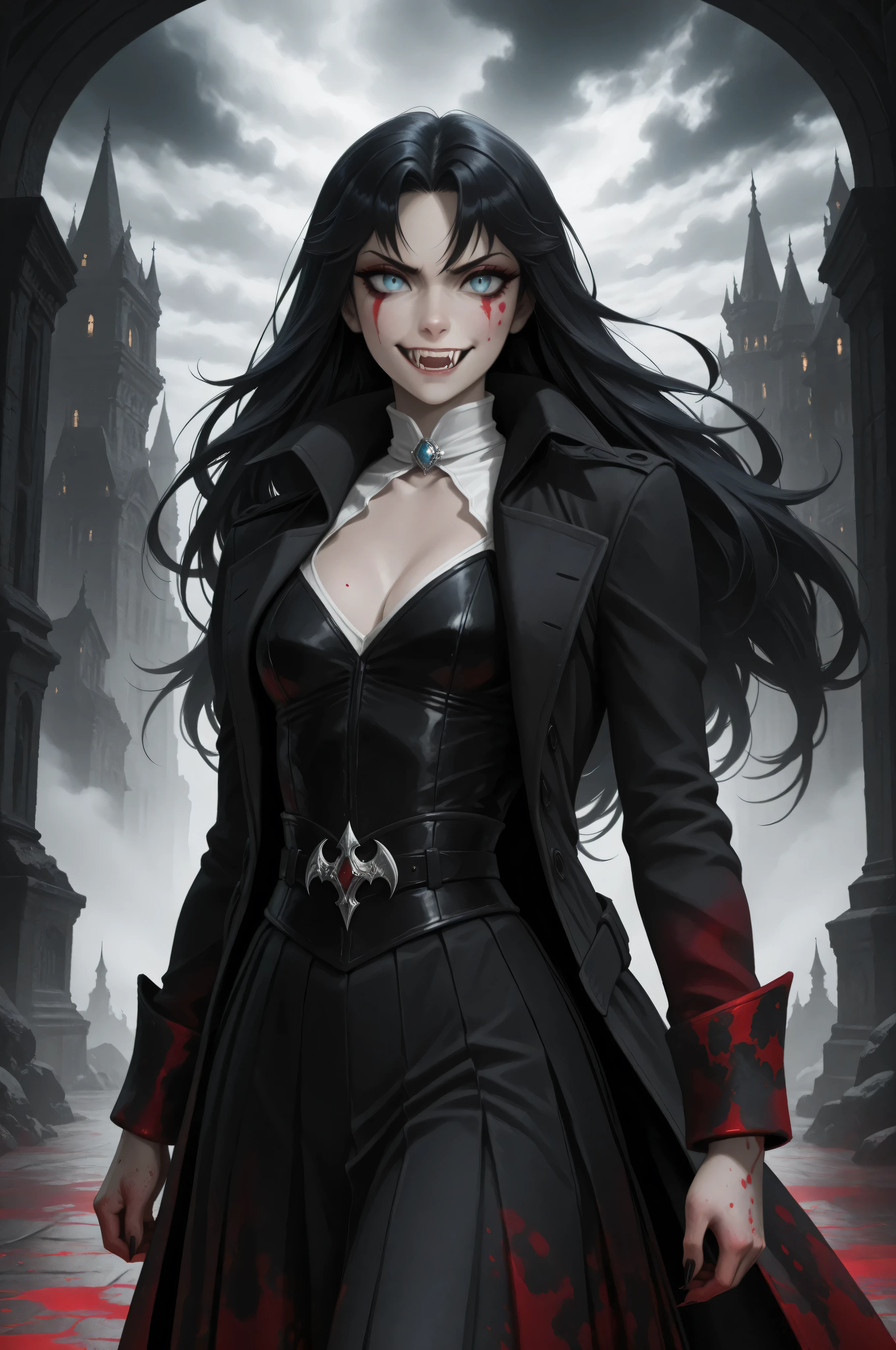 Vampire fangs teeth,Fantasy Elements, masterpiece, best quality, very aesthetic, absurdres,,goth black and white anime art, (black and white art) mostly black and white, a picture of  olo beautiful female vampire, best detailed face, black hair, long hair hair, blue eyes, wearing trench coat, wearing a skirt, wearing white leather shirt, small cleavage (red blood stains), it is cloudy night (only colors are the blood and the eyes), 