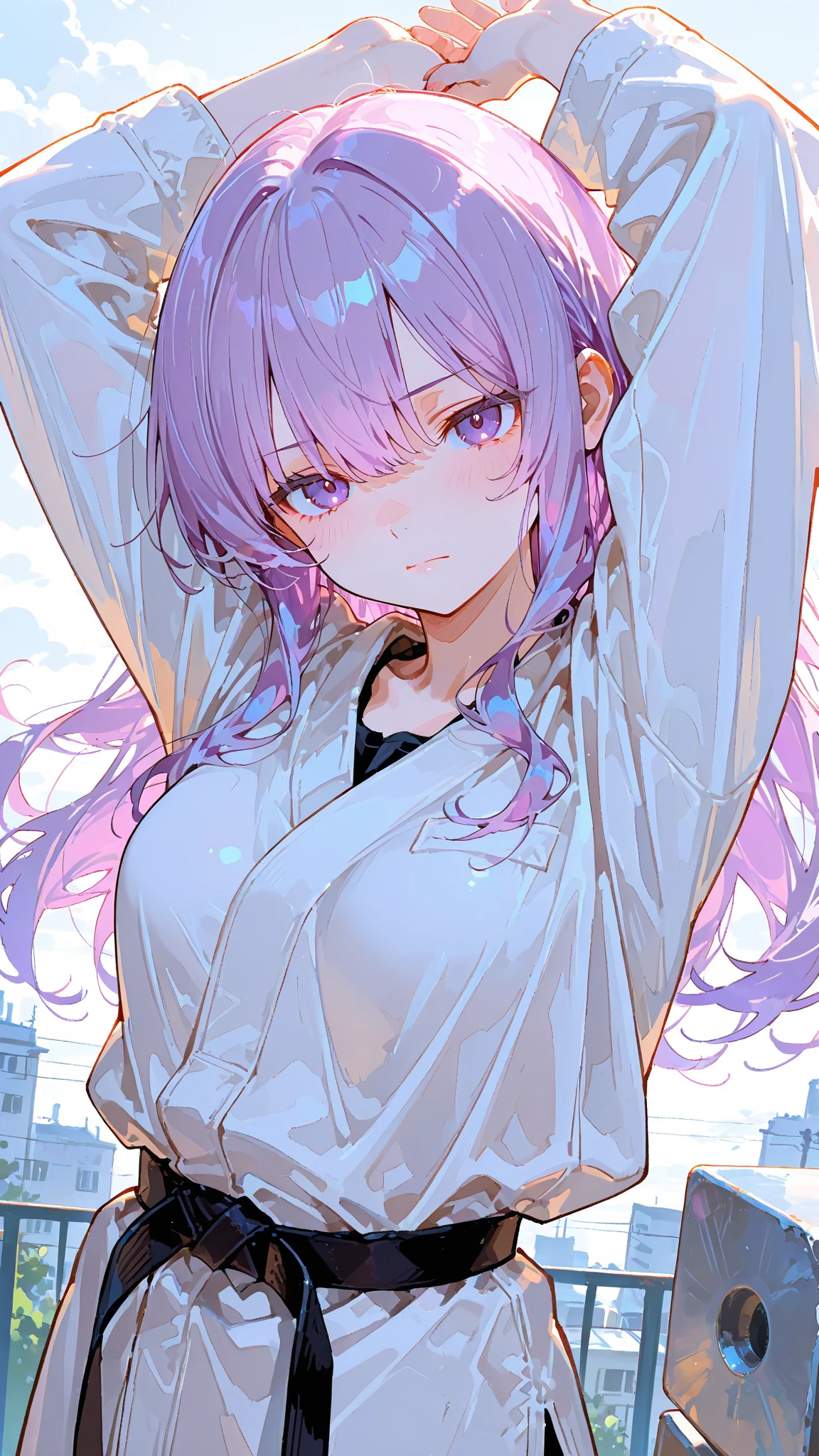 1female, , young adult, dark skin, finely detailed plum eyes, wild medium hair, seashell white hair color, crop top oversized hoodie, baggy pants, standing on building, day time, tokyo streets, somber expression, tattoos, wisteria flowers, scars