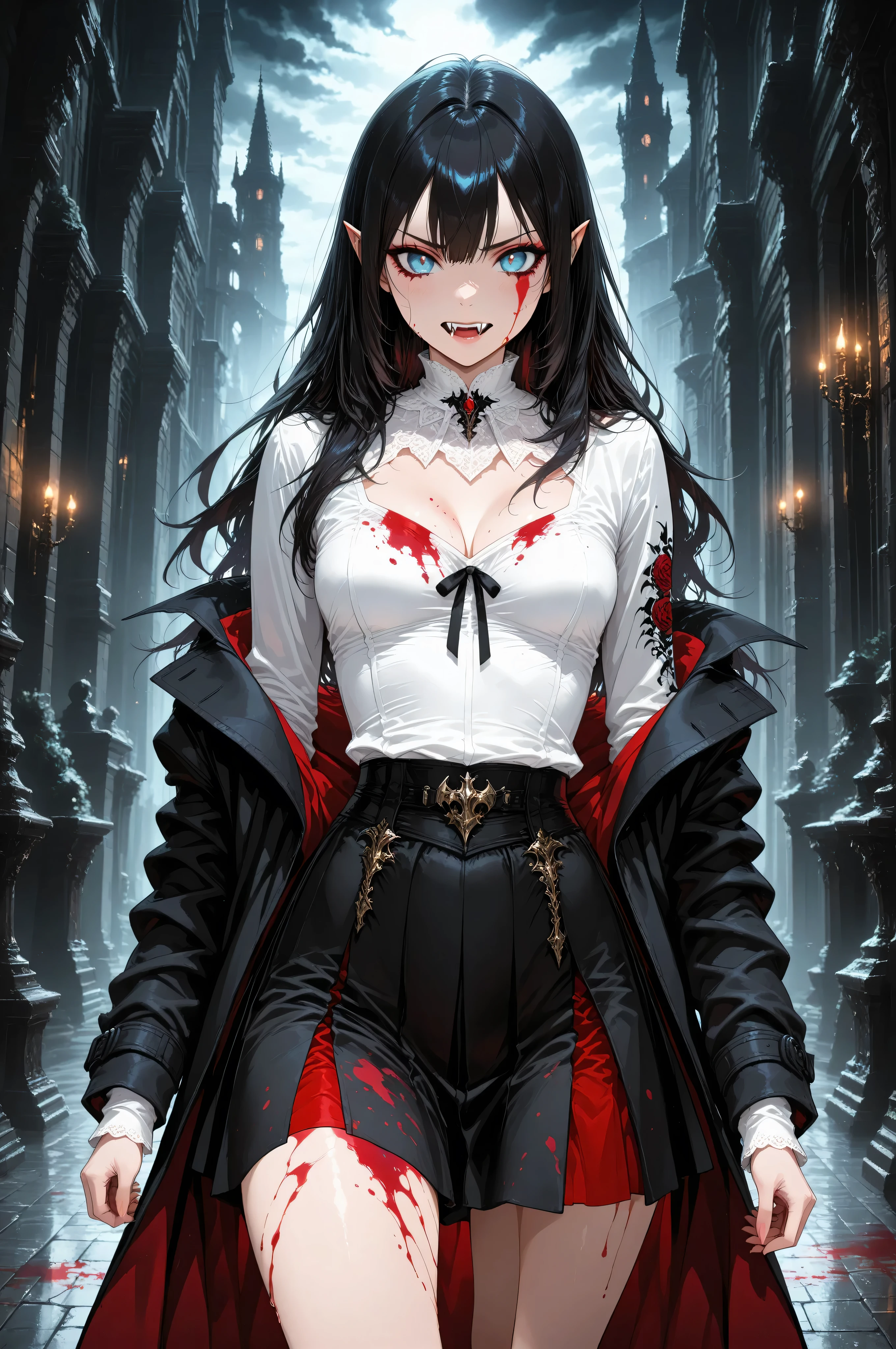 Contrast,Vampire fangs teeth,Fantasy Elements ,masterpiece, best quality, very aesthetic, absurdres,,goth black and white anime art, (black and white art) mostly black and white, a picture of olo beautiful female vampire, best detailed face, black hair, long hair hair, blue eyes, wearing trench coat, wearing a skirt, wearing white leather shirt, small cleavage (red blood stains), it is cloudy night (only colors are the blood and the eyes),