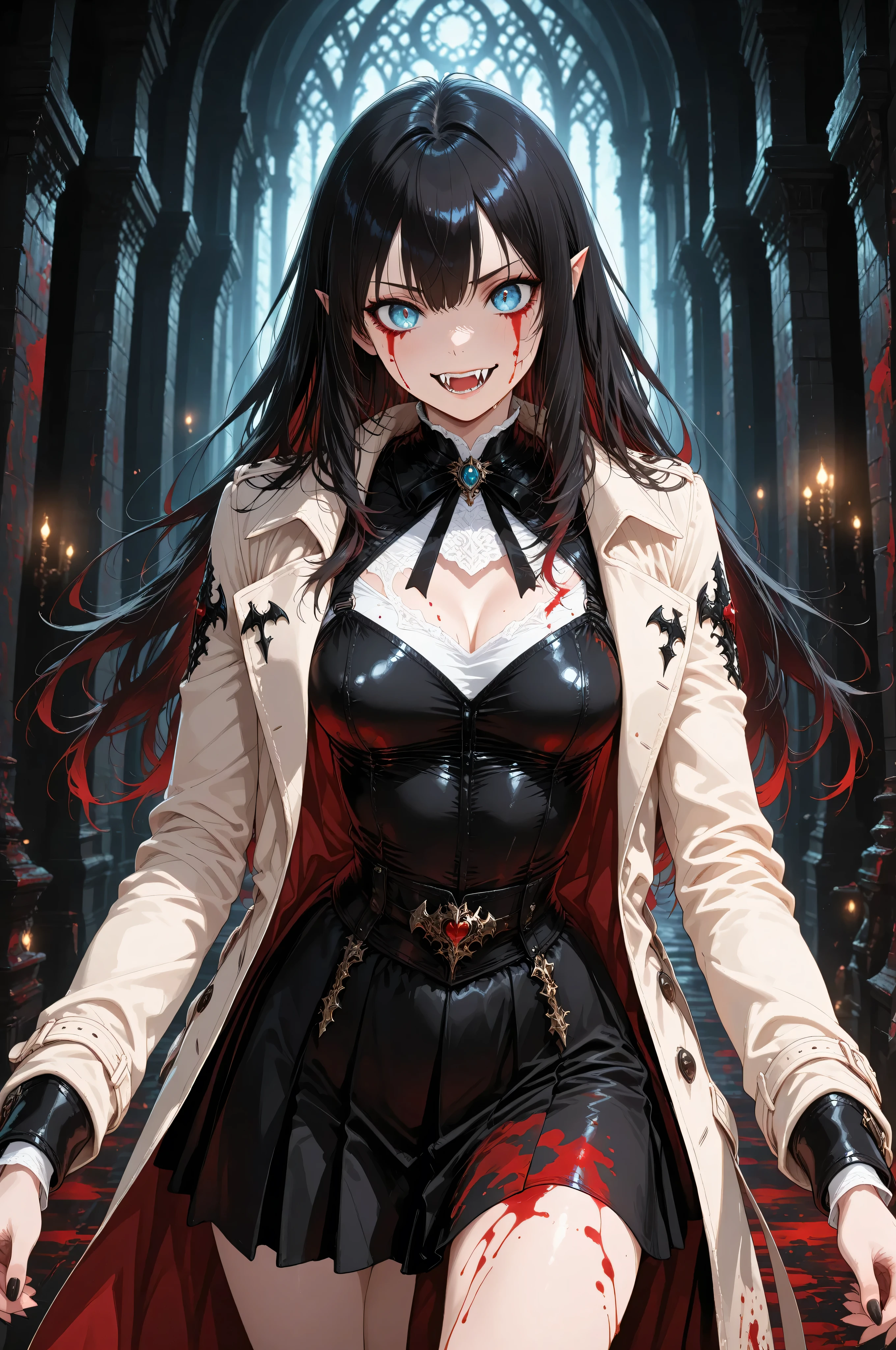 Contrast,Vampire fangs teeth,Fantasy Elements ,masterpiece, best quality, very aesthetic, absurdres,,goth black and white anime art, (black and white art) mostly black and white, a picture of olo beautiful female vampire, best detailed face, black hair, long hair hair, blue eyes, wearing trench coat, wearing a skirt, wearing white leather shirt, small cleavage (red blood stains), it is cloudy night (only colors are the blood and the eyes),