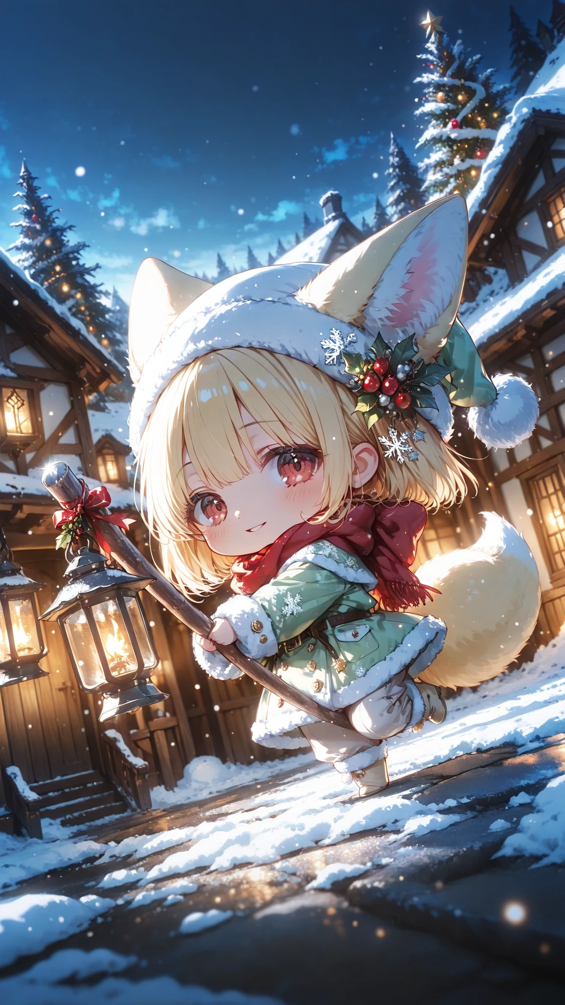 colored pencil sketch, vintage storybook illustration, gentle outlines, warm atmosphere ,
1girl , solo , fennec fox girl , cute , (chibi:1.5) , super-deformed , red eyes, blonde hair, bob cut,
happy, smile, parted lips, sideways glance , standing on one leg , (holding a wooden pole for lantern, two-handed), cute pose , very wide shot , from side ,
A medieval European town in winter, snow-covered roofs, cobblestone streets, timber-framed houses, christmas tree, christmas wreath, mistletoe,
at dusk, blue hour, indigo blue and purple ombre sky, faint afterglow, calm and dreamy mood, dark, low saturation, a dreamlike nighttime atmosphere.
green winter coat with white fur trim, slightly oversized, vintage snowflake-shaped buttons,
fluffy white hat with large pompom, her ears naturally poking out, belt-loop pants, thick off-white socks,
beige boots with white fur trim,
The lantern was lit by a magical light, radiating a warm glow from within.
A long red scarf fluttering in the night breeze,
A small, soft fabric star charm tied near the base of the ear, softly sparkling.
( ambient occlusion:0.9 ) , masterpiece , best quality , ultra-detailed , high resolution , good , highres , chiaroscuro , highly detailed background , elaborately designed clothes , dramatic lighting , dramatic Angle , light particles ,