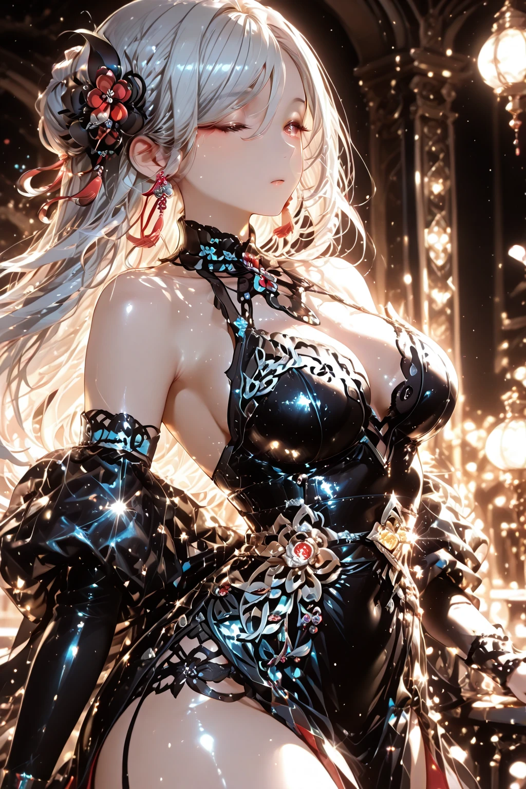 ((((Obra maestra, La mejor calidad, ultrahigh resolution)))), 1girl, standing, (cute maid costume), ((long pure silver hair and grey mesh hair, hair over eye)), long hair cut, pale skin, ((red eyes)), glowing_eyes, neon eyes, (ultra detailed eyes:0.7, beautiful and detailed face, detailed eyes:0.9), ((centered)), smile, ((wide shot)), facing viewer, ((vibrant background, bright lighting, summer, sunlight)), flat chested, looking at viewer, ((half closed eyes)), ((perfect hands)), (((head:1, arms, hips in view, elbows, arms, legs, in view))), ((hands behind back)), empty eyes, beautiful lighting, ((outside, outdoors)), defined subject, head tilt, (((gritty)), ((creepy)), ((cool)), ((beautiful)), (((SFW))), 