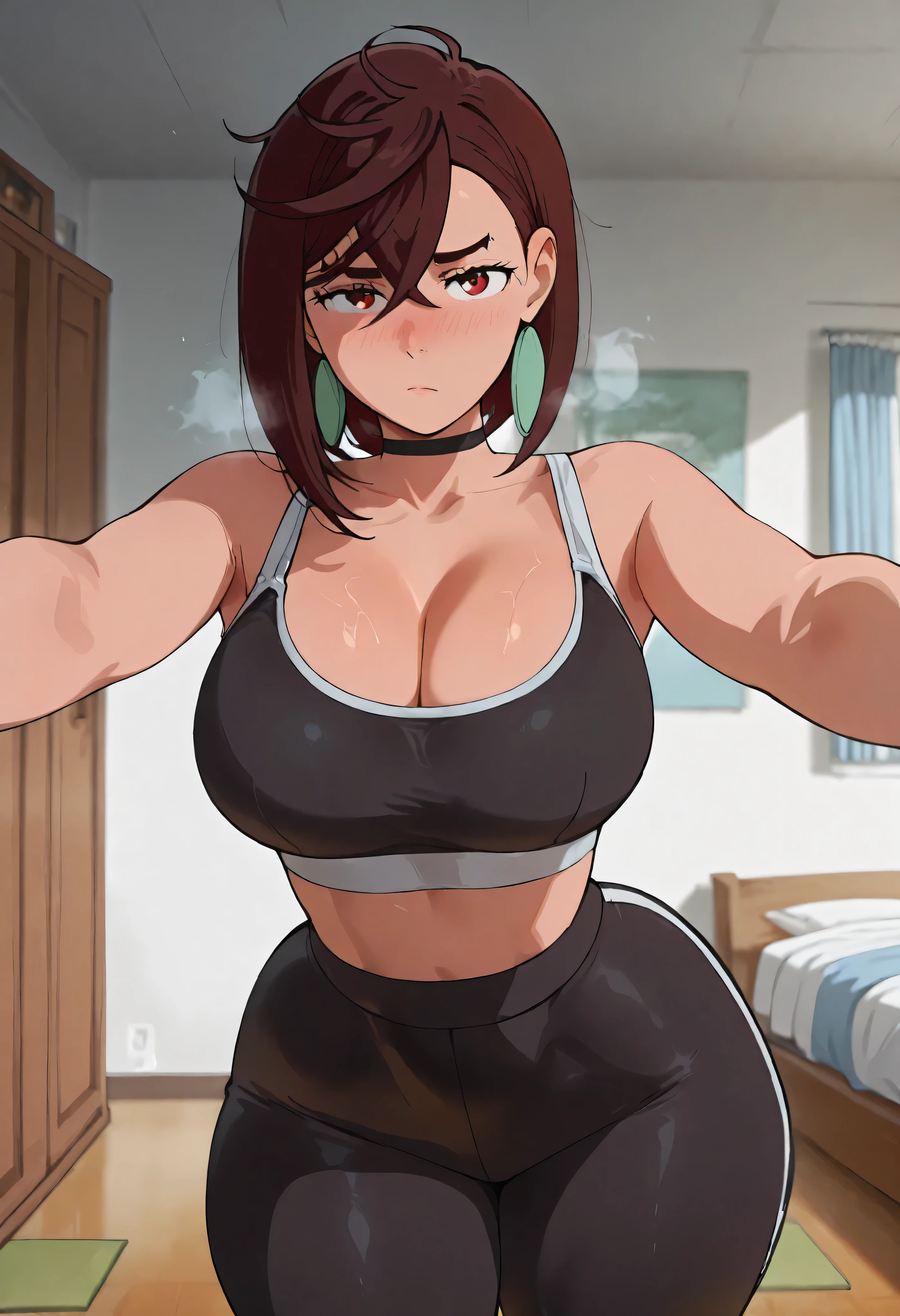 score_9, score_8_up, score_7_up, score_6_up, source_anime, highres, masterpiece, best quality, intricate details, detailed face, looking at viewer, 1girl, ayase momo, 1girl, solo, brown hair, red eyes, black choker, earrings, large breasts,, CLEAVAGE, nose blush, detailed background, steam, bedroom, looking at viewer, thick thigh, thick thighs, wide hip, standing, looking at viewer, LOOKING AT VIEWER, sport bra, sport leggings, leggings, bedroom, bed, posing, pose