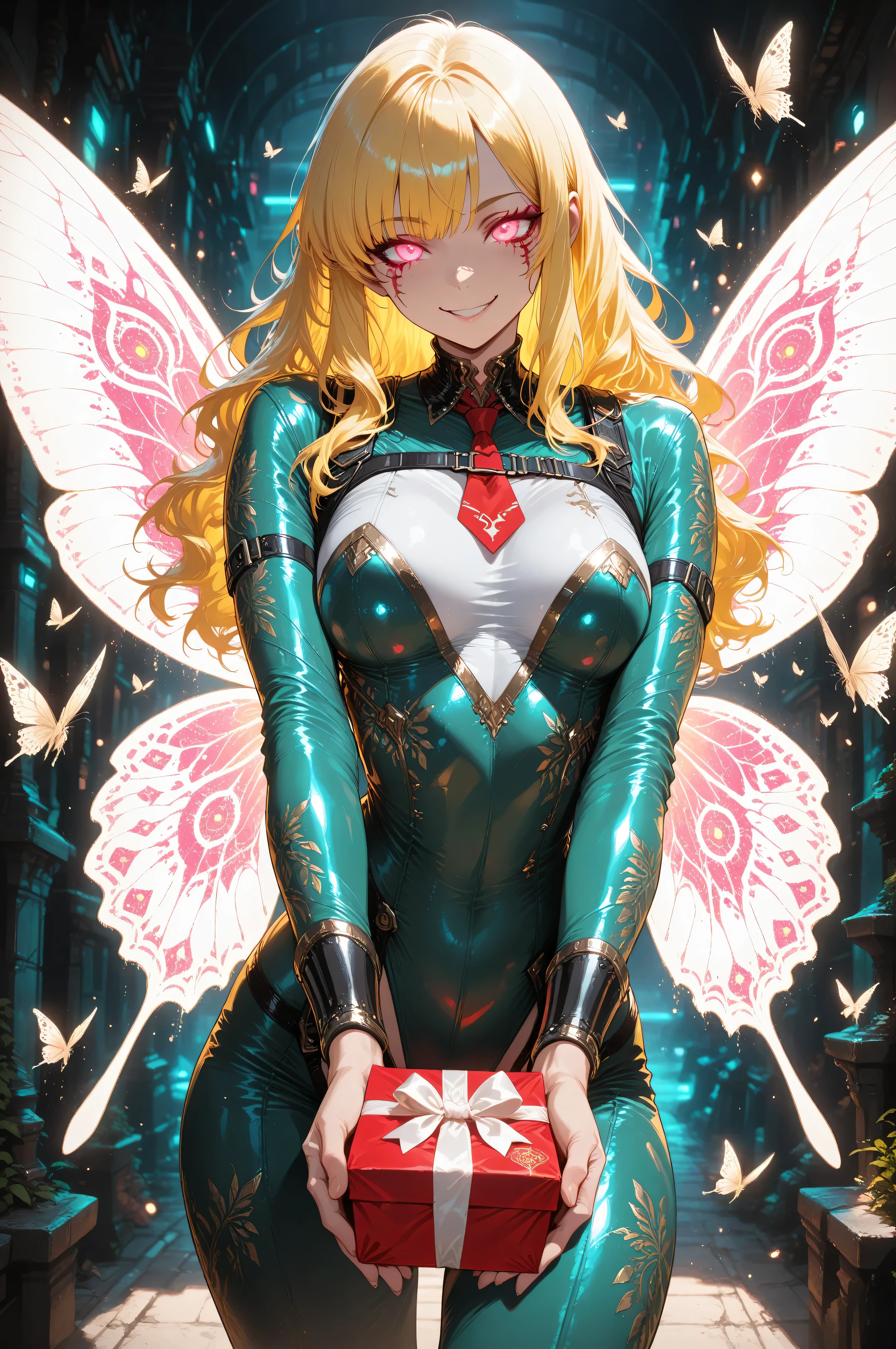 wearing a clothes,Contrast,Fantasy Elements,masterpiece, best quality, very aesthetic, absurdres,,,a picture of a cyberpunk fairy, holding a wrapped gift,  vicious smile,  an extraordinary beautiful, elegant beauty, spread butterfly wings, red  and white wings, pink eyes, glowing eyes, best detailed face,  yellow hair hair, rich hair, wavy hair, wearing green suit, red tie, cyberpunk themed suit, wild suit,  Hyperrealism style, vibrant, Ultra-high resolution, High Contrast, (masterpiece:1.5), highest quality, Best aesthetics), best details, best quality, highres, ultra wide angle, 16k, [ultra detailed], masterpiece, best quality, (extremely detailed) RAW, 