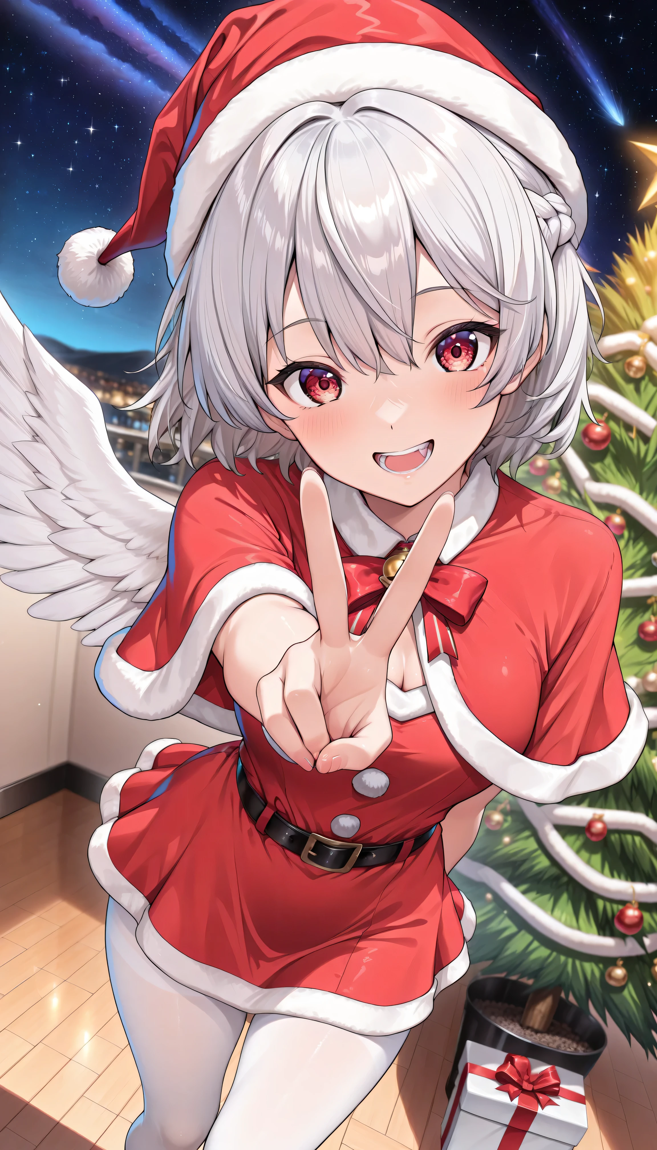 masterpiece, 以from above最高Quality, 8K Wallpaper, hires, Exact Details), (simple background, dynamic angle, Kijin Sakume, 1girl, solo, red eyes, gray hair, short hair, French braids, single wing,Oriental Project, (  Santa Outfits,Santa Hat,Santa Dress,Santa Mini Skirt, (:1.2) thighs, white tights, very detailed) Quality(masterpiece、最高Quality、High Resolution、 Beautiful face in every detail 、anatomically correct、Detailed description)、christmas tree, contrapost,  sunshine, Inner thighs, v,Dutch Angle, foreshortening, Sky side, from above, PORTRAIT, closeup, night, vignette, soft focus, backlight, Film Grain, Dramatic Shadow between Her Teeth Hair and Her Eyes, depth of field, Volume Lighting、space-time is slightly distorted、Looking down at the viewer from、
 Starry Sky Behind Her 。