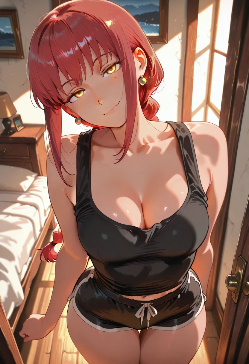 (8k, 4k, Masterpiece, Ultra quality, Ultra detail, HDR, Anime, Brighter colors), (1girl, Kitsune ears, Cherry-red hair, medium hair, Bangs over one eye, Tied hair, Blush,smiling, , (open-back swimsuit, thigh highs), Standing , Hands behind back