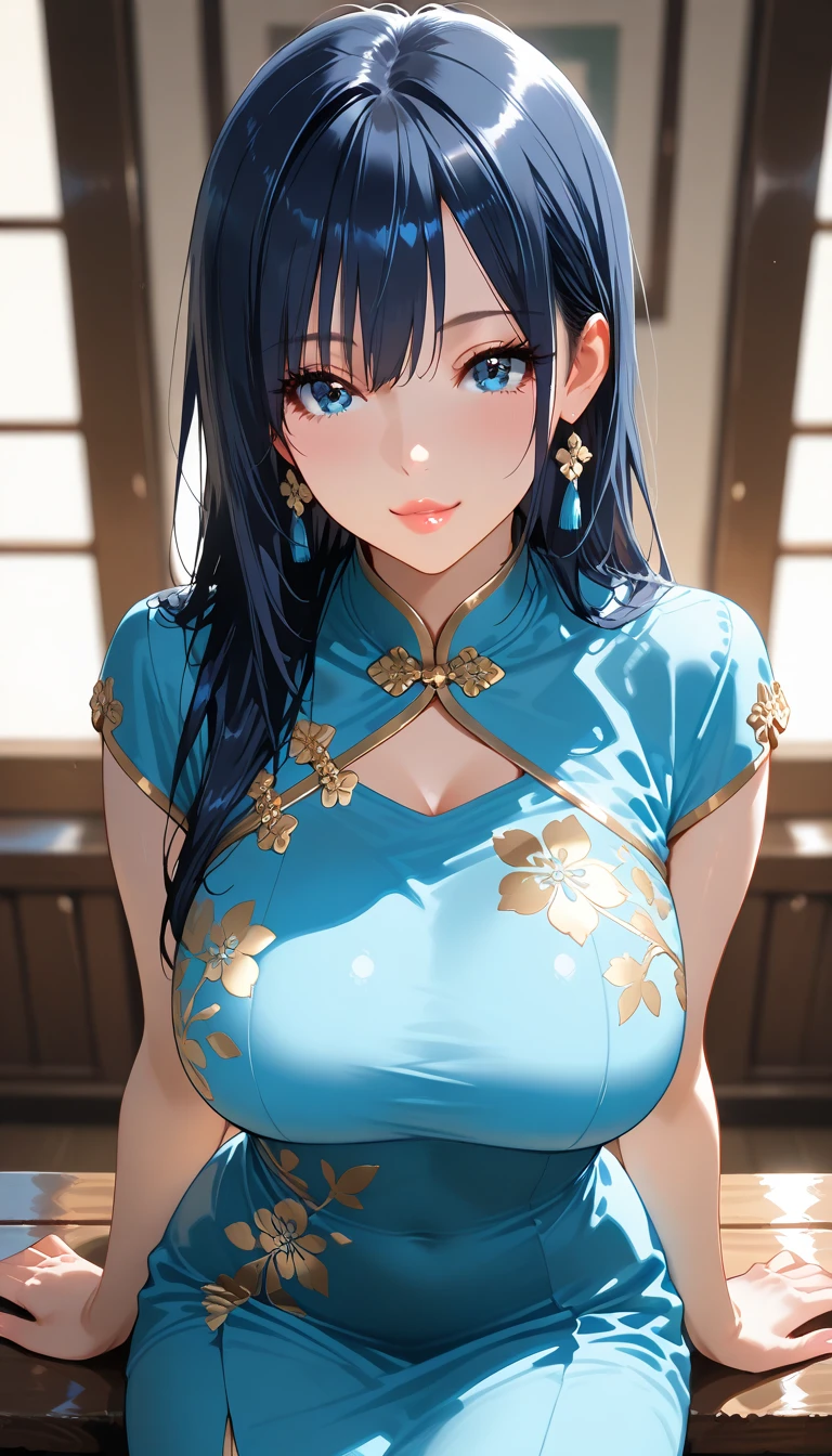 masterpiece, best quality, ultra detailed, ultra high resolution, very detailed face, solo, anime, top down angle, 20 years old girl, slim, (((lightblue yukata, sleeveless))), ((( thighs, pantie)))((black short hair, chignon)), (((huge breast))), little smile, in the room