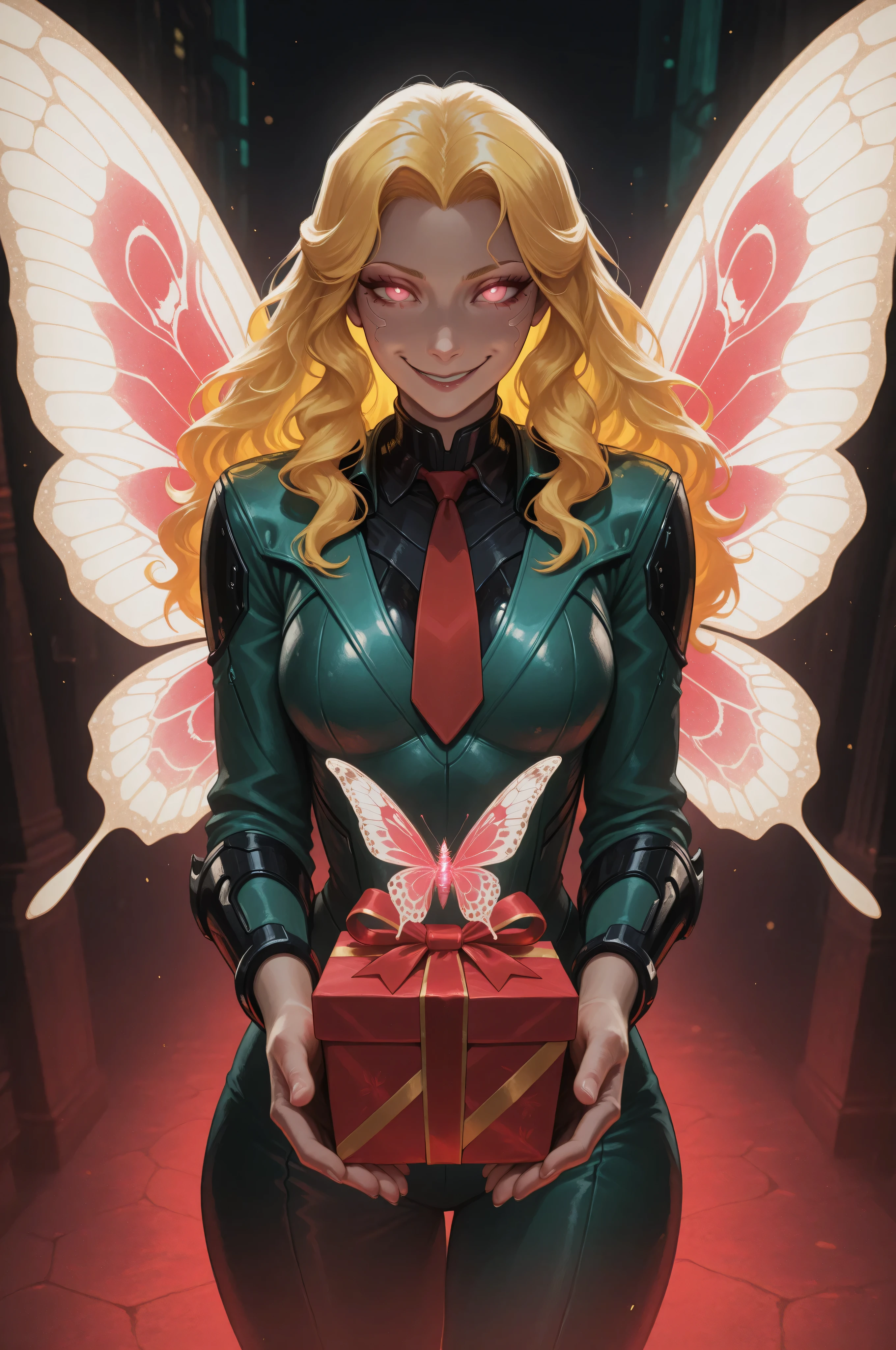 Fantasy Elements,masterpiece, best quality, very aesthetic, absurdres,,a picture of a cyberpunk fairy, holding a wrapped gift,  vicious smile,  an extraordinary beautiful, elegant beauty, spread butterfly wings, red  and white wings, pink eyes, glowing eyes, best detailed face,  yellow hair hair, rich hair, wavy hair, wearing green suit, red tie, cyberpunk themed suit, wild suit,  Hyperrealism style, vibrant, Ultra-high resolution, High Contrast, (masterpiece:1.5), highest quality, Best aesthetics), best details, best quality, highres, ultra wide angle, 16k, [ultra detailed], masterpiece, best quality, (extremely detailed) RAW, 