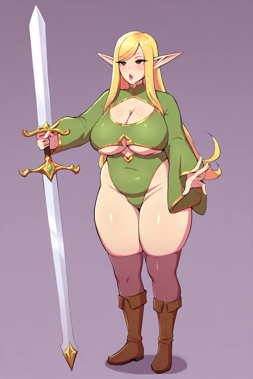 masterpiece, bestquality, ultra-detailed, 

flat design, ligne claire, photorealistic, 

1girl,

(fullbody:1.4),
front view,
looking at viewer, 

A female elf warrior, named Eliana Skywalker, age 24, with long wavy golden hair and shining emerald green eyes. She stands at 170cm with a slender muscular build, her ears are pointed, characteristic of her race. She is the Hero and Guardian of Light, brave, just, and compassionate. She speaks calmly and gracefully, using polite language. Her interests include studying ancient history and practicing swordsmanship. She is attracted to those with a strong will. Her costume consists of armor that seems to glow with light, adorned with a blue and gold cloak. She carries a magical sword and wears a pendant that is an ancient artifact. Her background is that of being chosen as the Guardian of Light in a world where dark forces have awakened, embarking on a journey to reclaim a lost kingdom and maintain peace., ,
Clothes that are completely stuck to the , impossible clothes, gigantic hard  bulga, pawg, milf, mature woman, puffy lip, 
standing pose,
(white background:1.2),