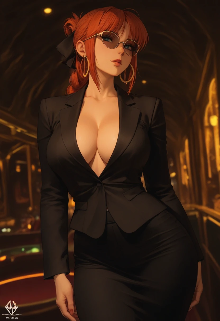 Busty redheaded dwarven female with a black governmental suit and aviators, cleavage, full body shot, navel