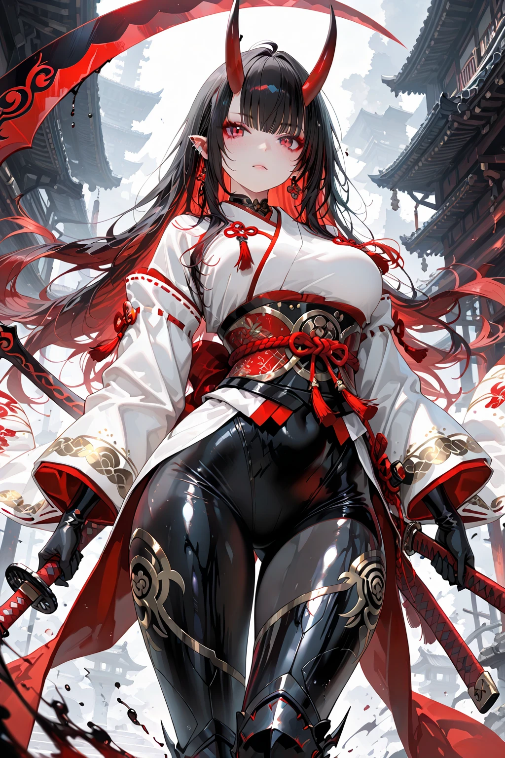 absurdres, RAW photo, extremely delicate, extremely beautiful, masterpiece, Best Quality, ultra high resolution, 32k, hyperrealistic, ultra-detailed description, perfect , correct body, ideal ratio of body proportions, pale skin, 20 years old, detailed beautiful face, detailed beautiful face eyes, tearful mole, earring, long medium hair, black hair, tits, whole body shot, inside shrine, red-black costume, holding a sword, Onmyoji, nobushi, Flowing white robe,