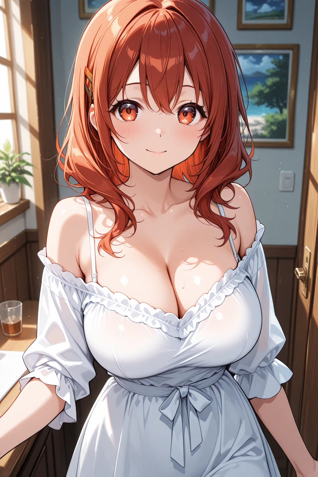 Best image quality、4k.anime cel style, best quality, high resolution, 1 girl, (((Large Breasts)))Breast sagging、Low-cut(((Cleavage ))), blush, Embarrassing, In the hotel,floor, Smile,、Red hair、Red hairポニーテール、Arica - Arica (Hiromitsu Takeda - Bakunyuu Party)