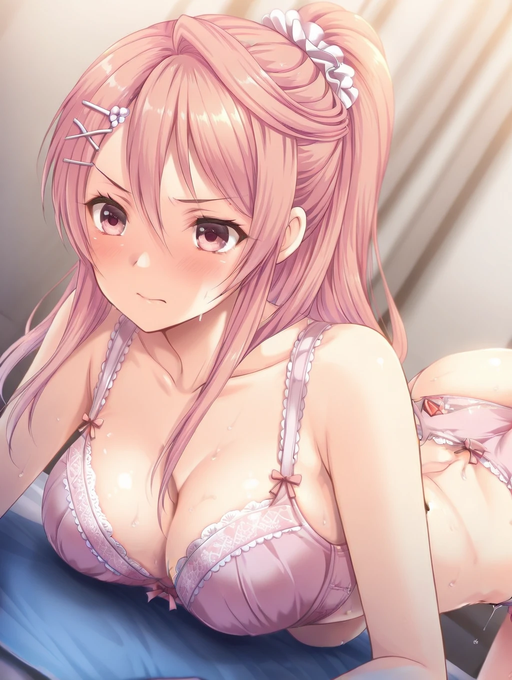 best quality, ultra-detailed masterpiece, anime art style, cute characters, nino nakano, one-piece swimsuit, large breasts, pantyhose, prison, , pixel-perfect, , , , , habit, open mouth, , blush, suspension, , ,  