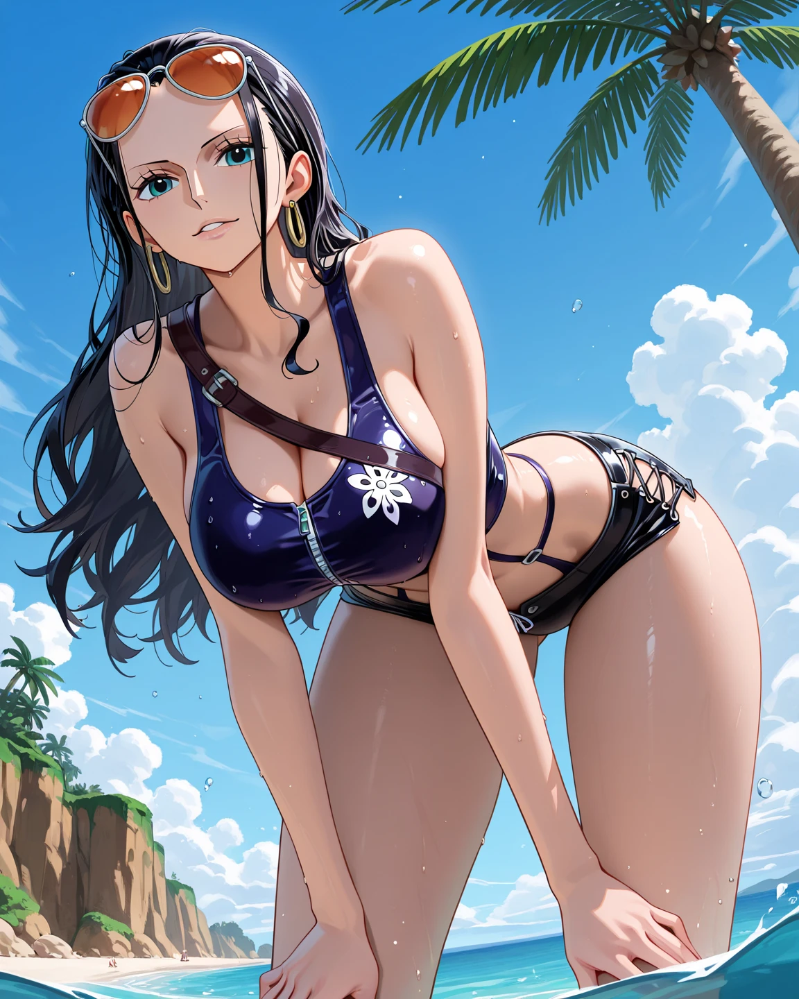 1 milf, ponytail hair, wearing glasses, wearing a , big , facing back