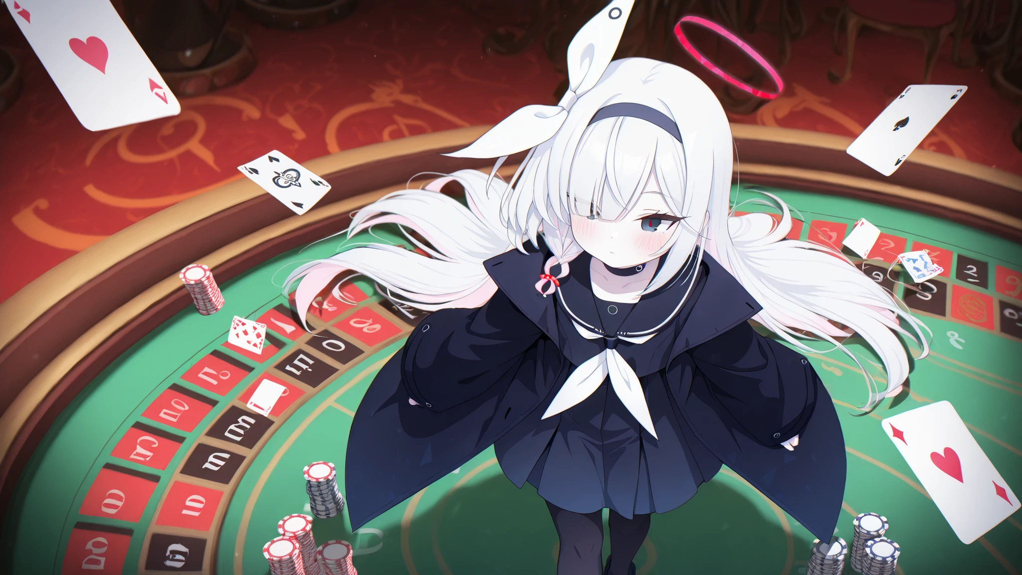 plana \(blue archive\) black eyes,long hair, white hair,braid,bow hairband,halo,choker,black long coat, black pantyhose, 1girl, solo, detailed, masterpiece, blush, walking, casino, Playing cards, roulette, (z0nkn3w:1),