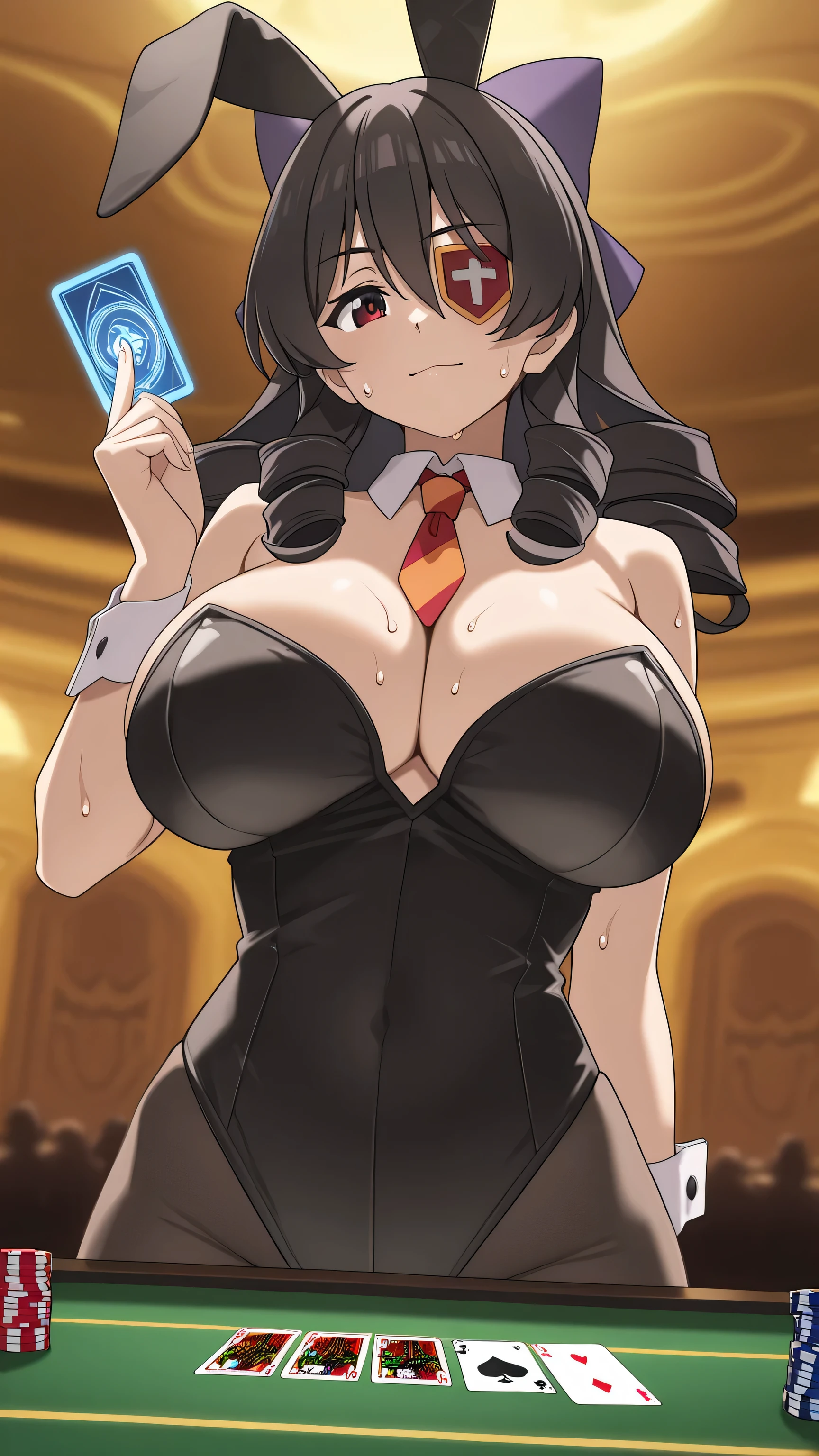 anime coloring, Give your images flat even illumination (negative) or dramatic chiaroscuro lighting (positive),,I sweat,) , , ,1girl, ,,
huge_breasts, ,1girl, , , solo, , sweat,  Arue-Liver020, arue /(konosuba/), arue (konosuba),
1girl, solo, red eyes, hair between eyes, hair ornament, long hair, bow, black hair, drill hair, sidelocks, bangs, purple bow, hair bow, hair ribbon, large breasts, breasts, big breasts, huge breasts, eye patch, eyepatch,anime style、Casino、A beautiful woman in a bunny suit、is holding a holographic card、fearless smiles,Casino night, casino games, card, bunny ears,

