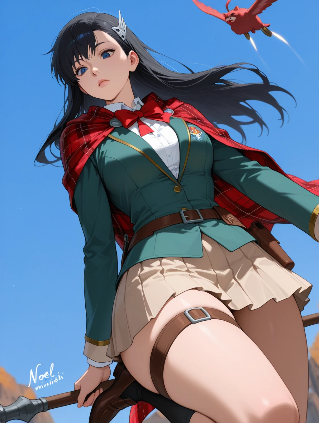 masterpiece, best quality, amazing quality, highres, absurdres, very aesthetic, high resolution, ultra detailed, perfect details, 1girl, looking at viewer, outdoors, european architecture, on roof, , niihashi noel, black hair, long hair, blue eyes, hair ornament, school uniform, long sleeves, green jacket, white shirt, collared shirt, red bowtie, red capelet, plaid capelet, green skirt, pleated skirt, white thigh strap, black kneehighs, brown footwear <lora:Noel_Niihashi_ILXL:0.8>, (aged up:1.2), (pose:1.2), (full body:1.5), (anime screencap:1.5), (sunset:1.3), smile, open mouth, sitting