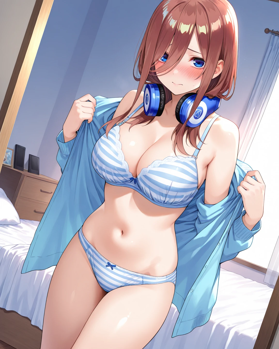 ???? anime girl (masterpiece, high quality, high res), Nakano Miku (quintessential quintuplets), brown hair, blush, detailed face,?????????? upler waist ?????, white translucent panties, wet, hot, on the bed, ????, ????? (on the bed(legs spread apart laying down with her ??? showing) ???????????? showing her big ??? and ?????